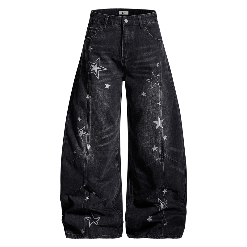 Front view of black washed barrel jeans with wide legs and scattered star prints
