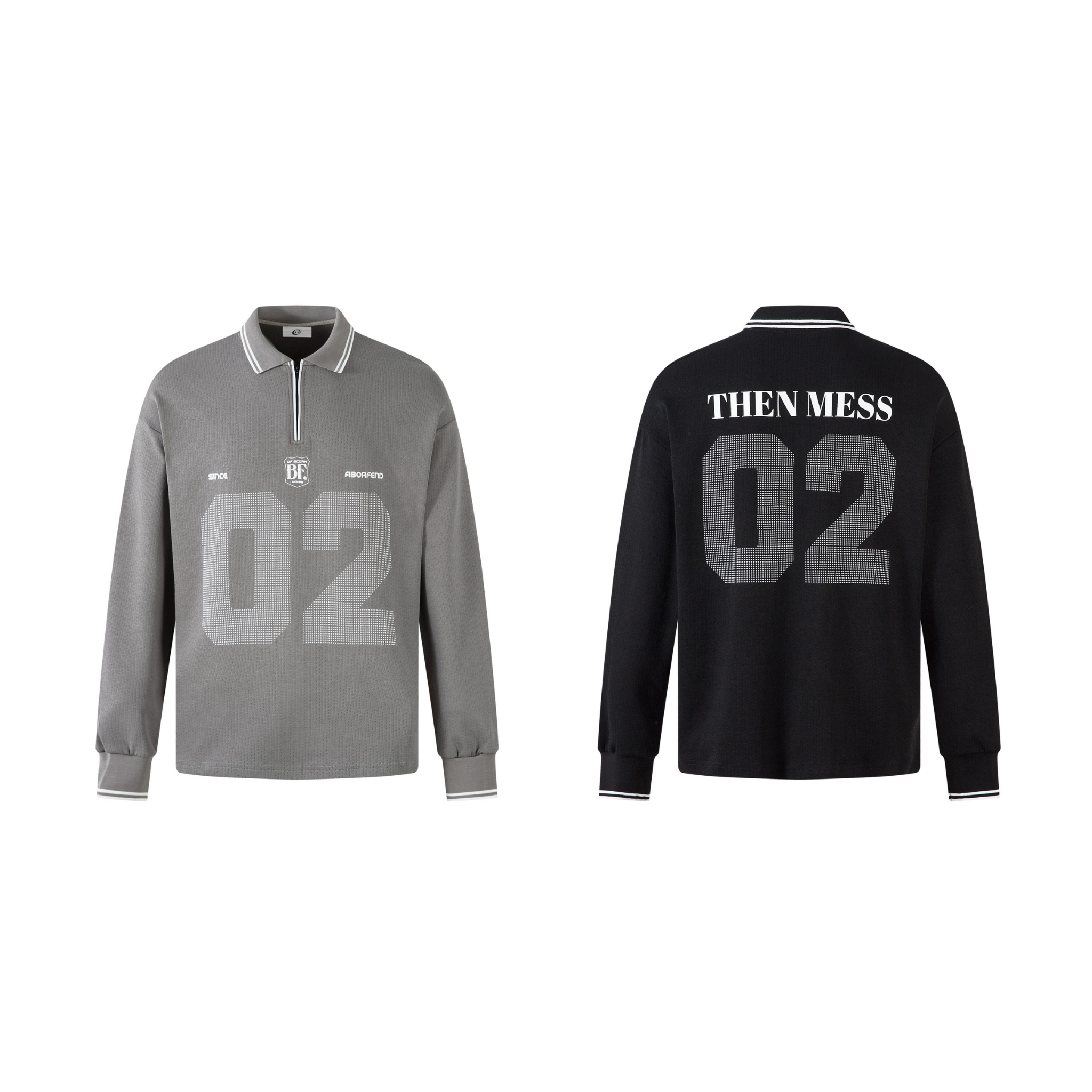 Grey long sleeve half-zip polo shirt with halftone 02 varsity graphic print and contrast striped collar and cuffs