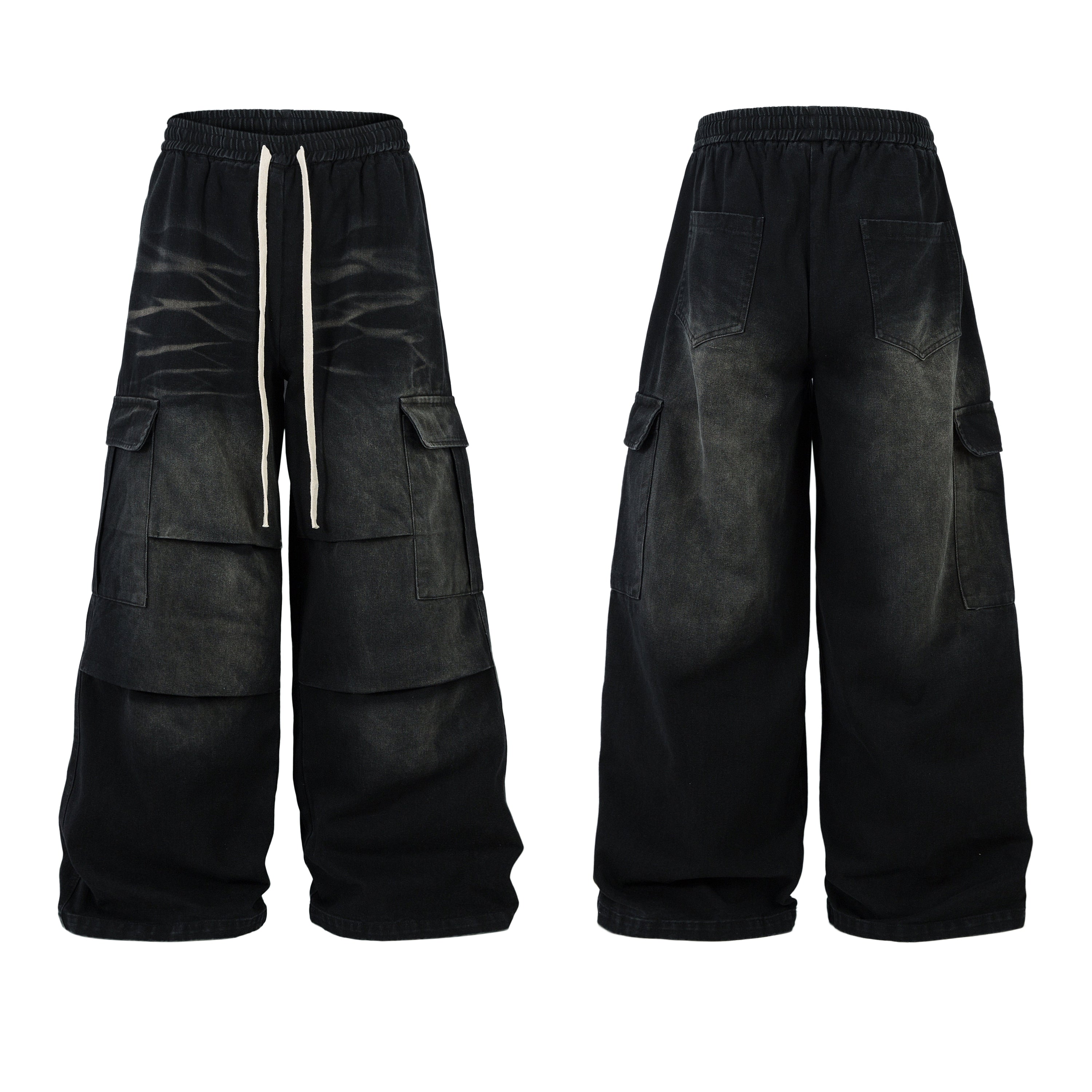 Front and back view of black washed wide-leg cargo pants with oversized pockets and cream drawstring waistband
