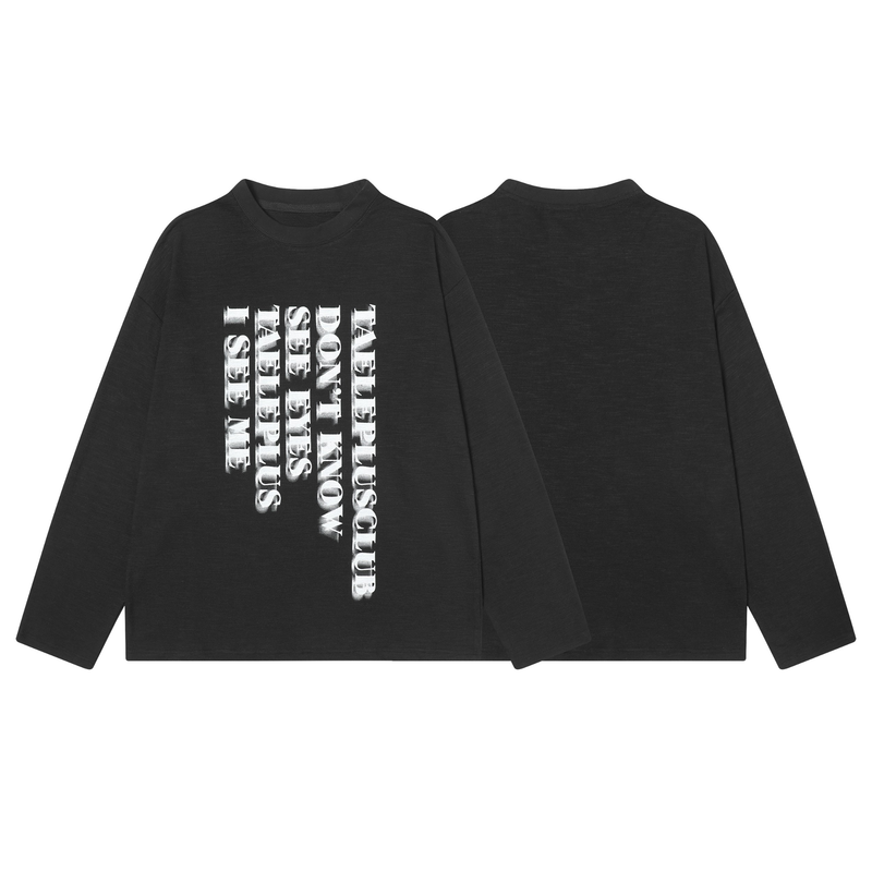 Front and back views of black long sleeve tee with vertical white graphic print