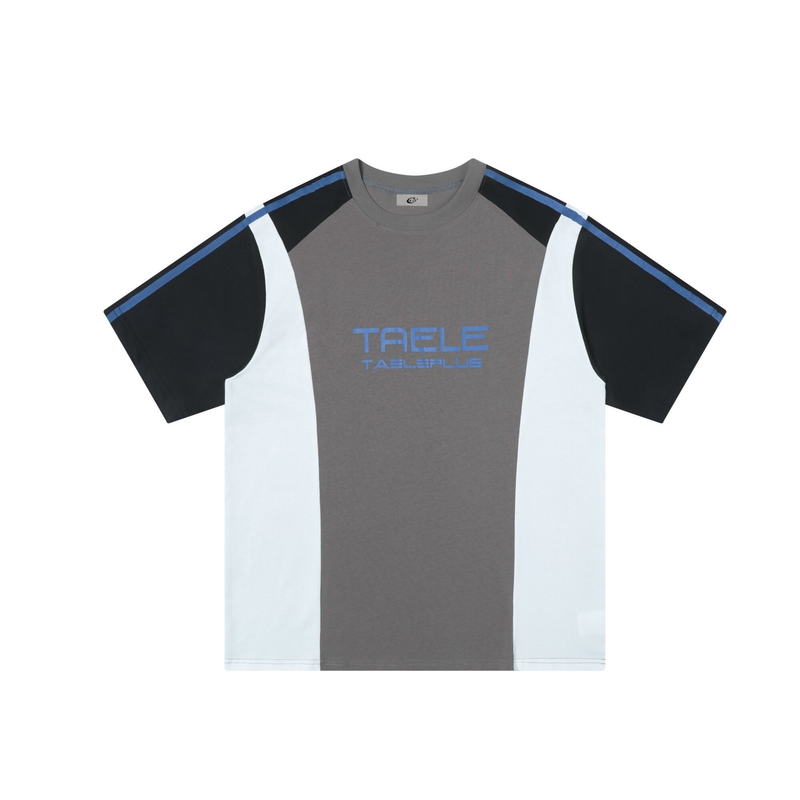 Gray colorblock T-shirt with black and white sleeves, blue piping, and TAELE graphic on the chest