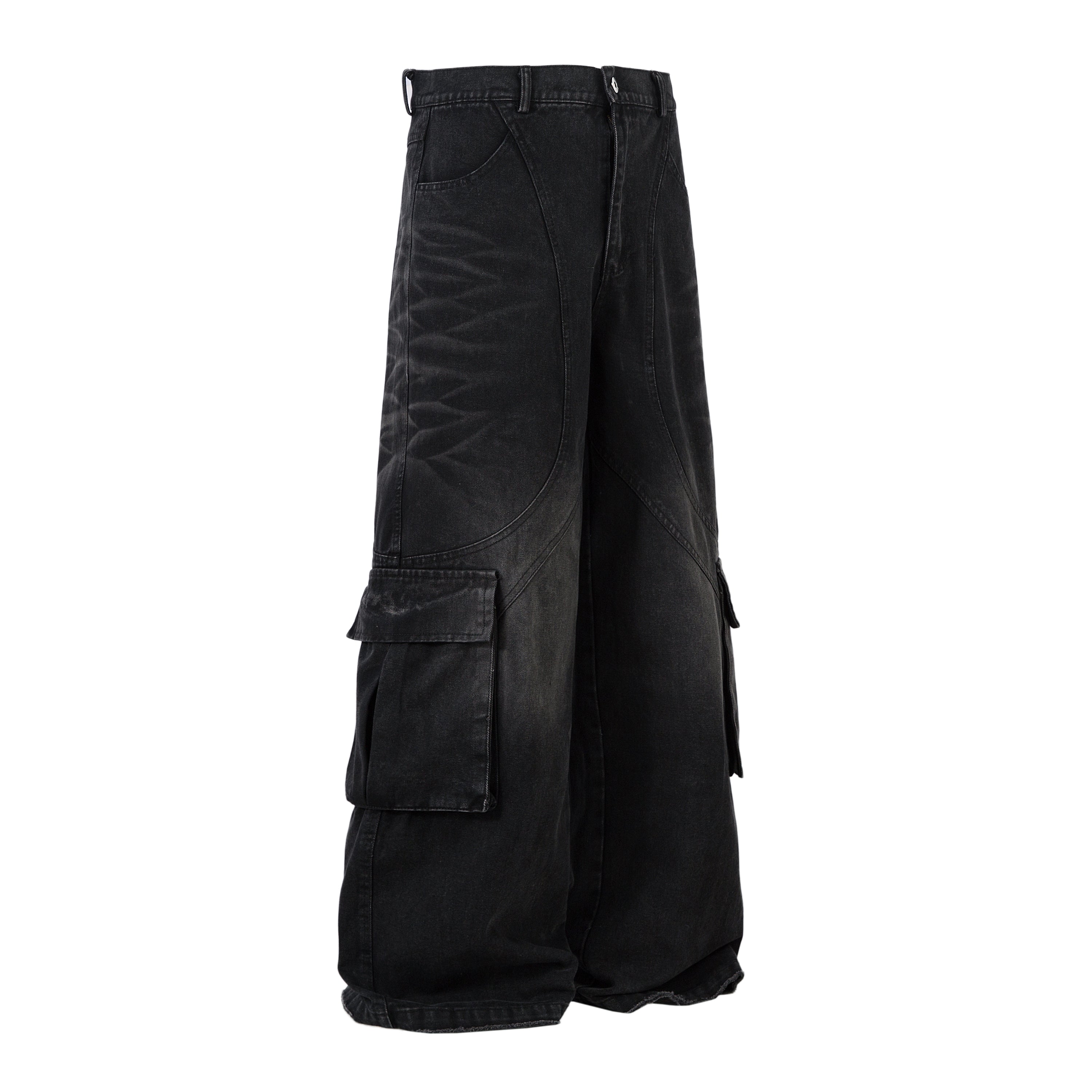 Omirad Washed Arc-Panel Cargo Wide-Leg Jeans | Black