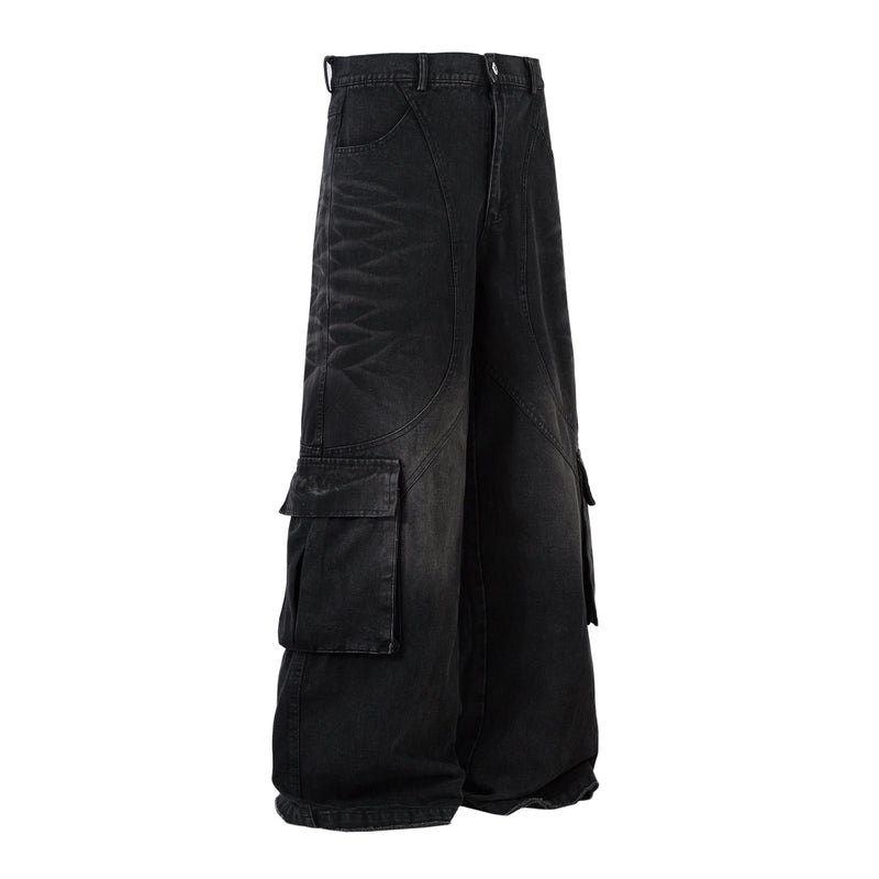 Omirad Washed Arc-Panel Cargo Wide-Leg Jeans | Black