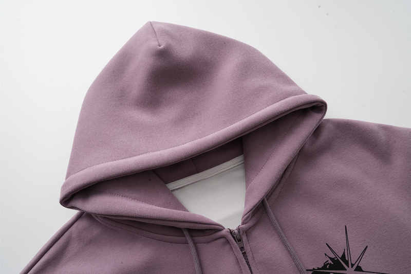Close-up of lavender hoodie hood and front zipper