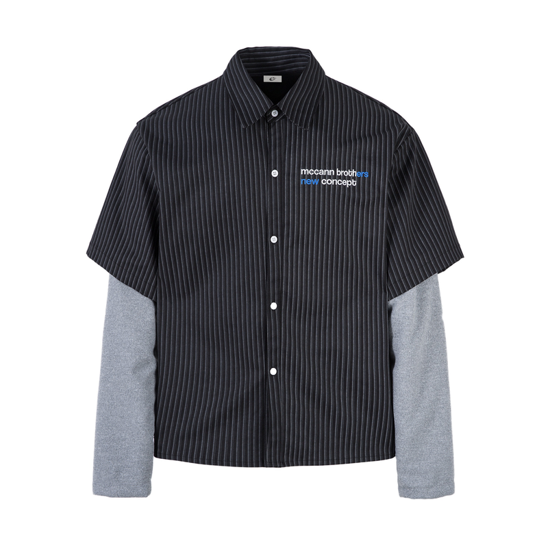 Black pinstripe layered short-sleeve shirt with gray built-in long sleeves, front view