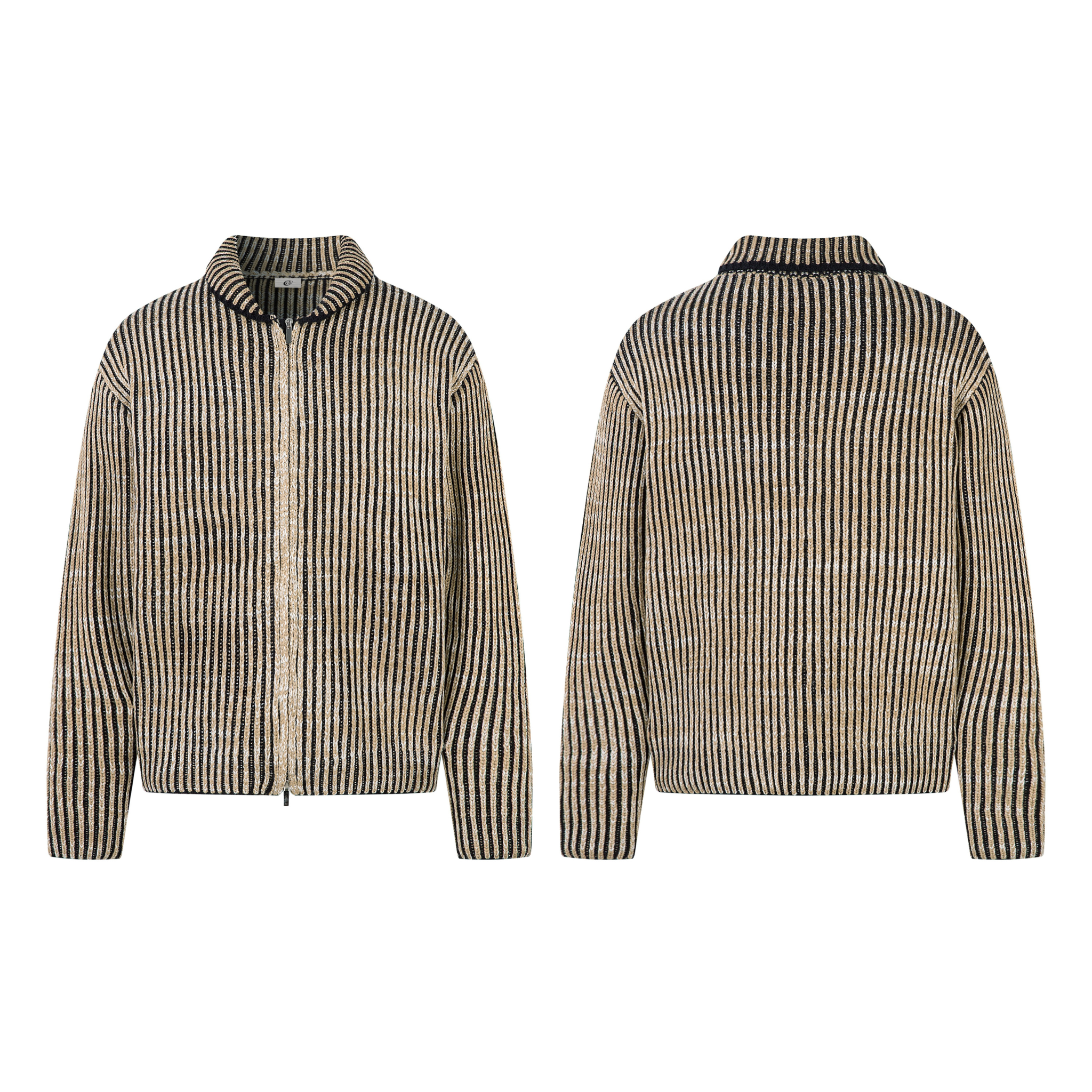 Men's black and tan vertical striped ribbed full-zip jacket shown from front and back on white background