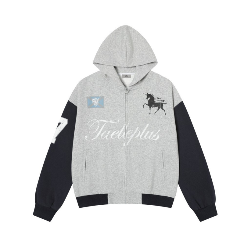 Front view of gray zip-up hoodie with black sleeves, hood up, and horse graphic on the chest