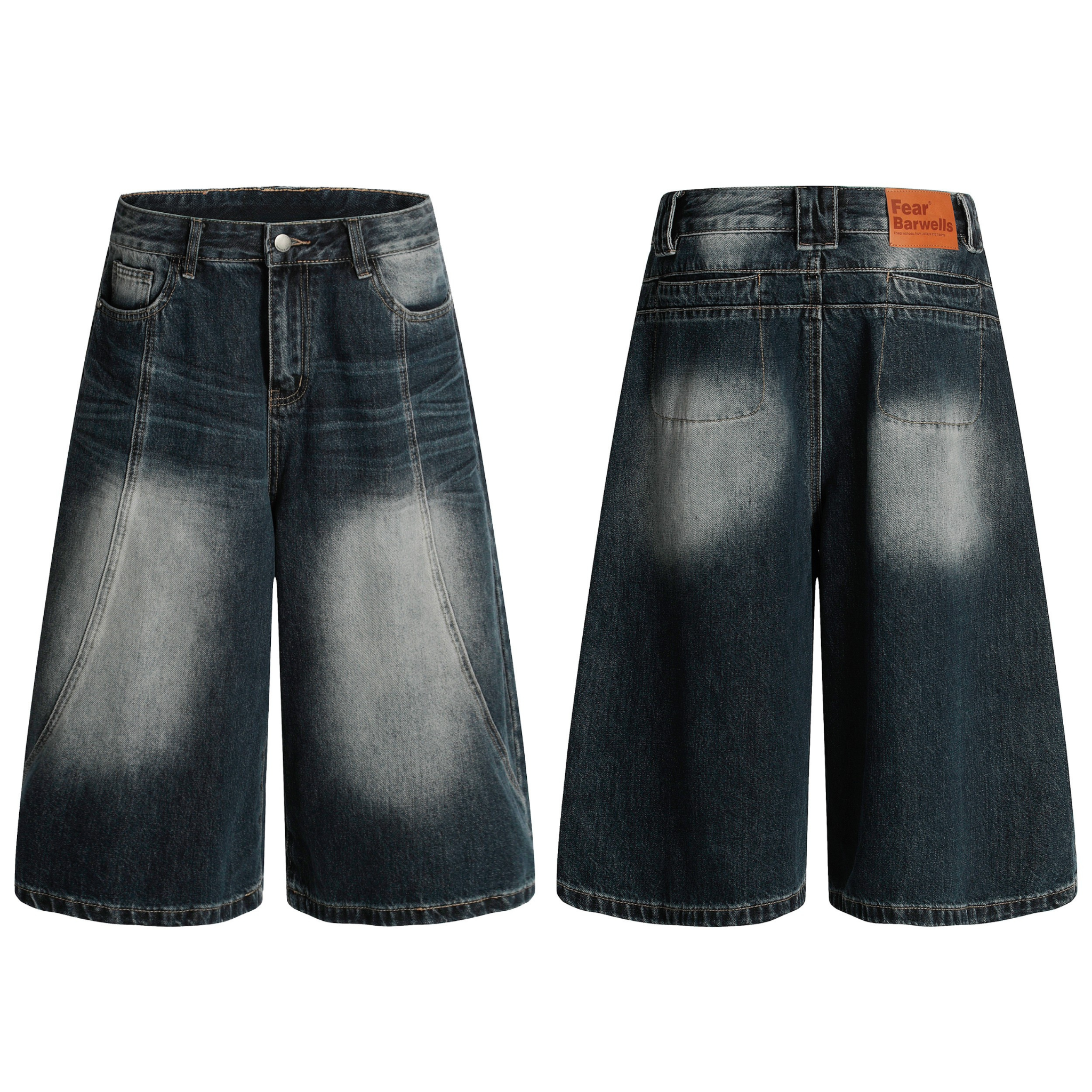 Front and back view of Fear Barwells wide-leg washed denim shorts in dark indigo with vintage fade detailing