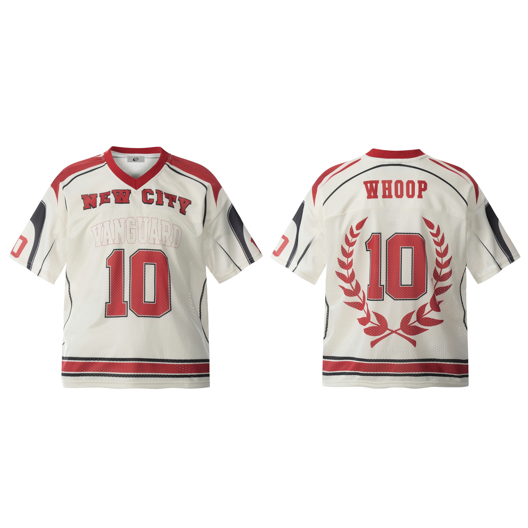 Front and back view of the New City Vanguard white mesh jersey tee with red number 10 print and laurel crest graphic