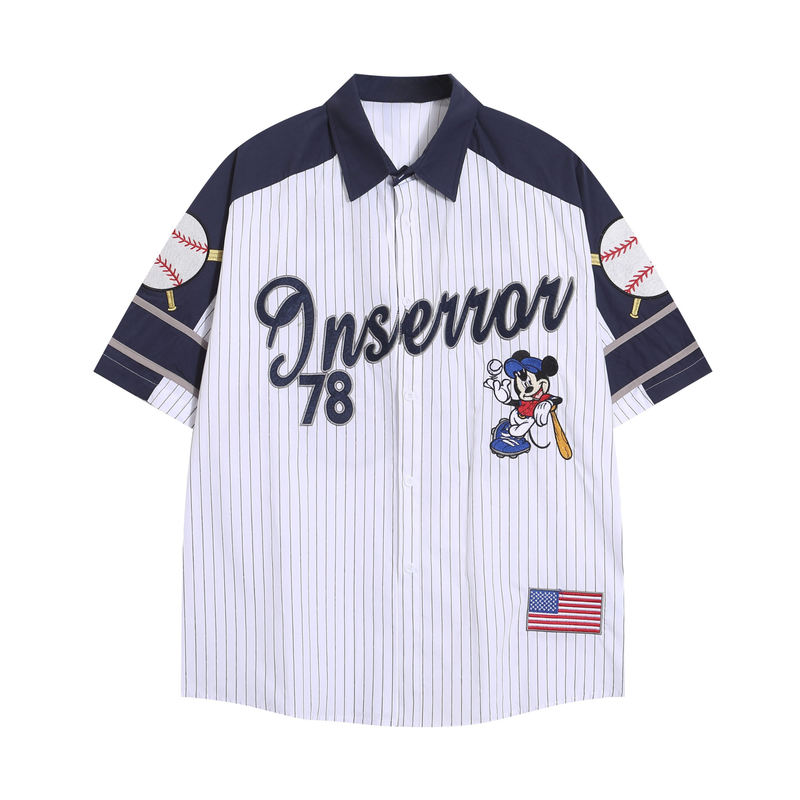Front view of white pinstripe baseball jersey with navy shoulders, Mickey graphic, and American flag patch