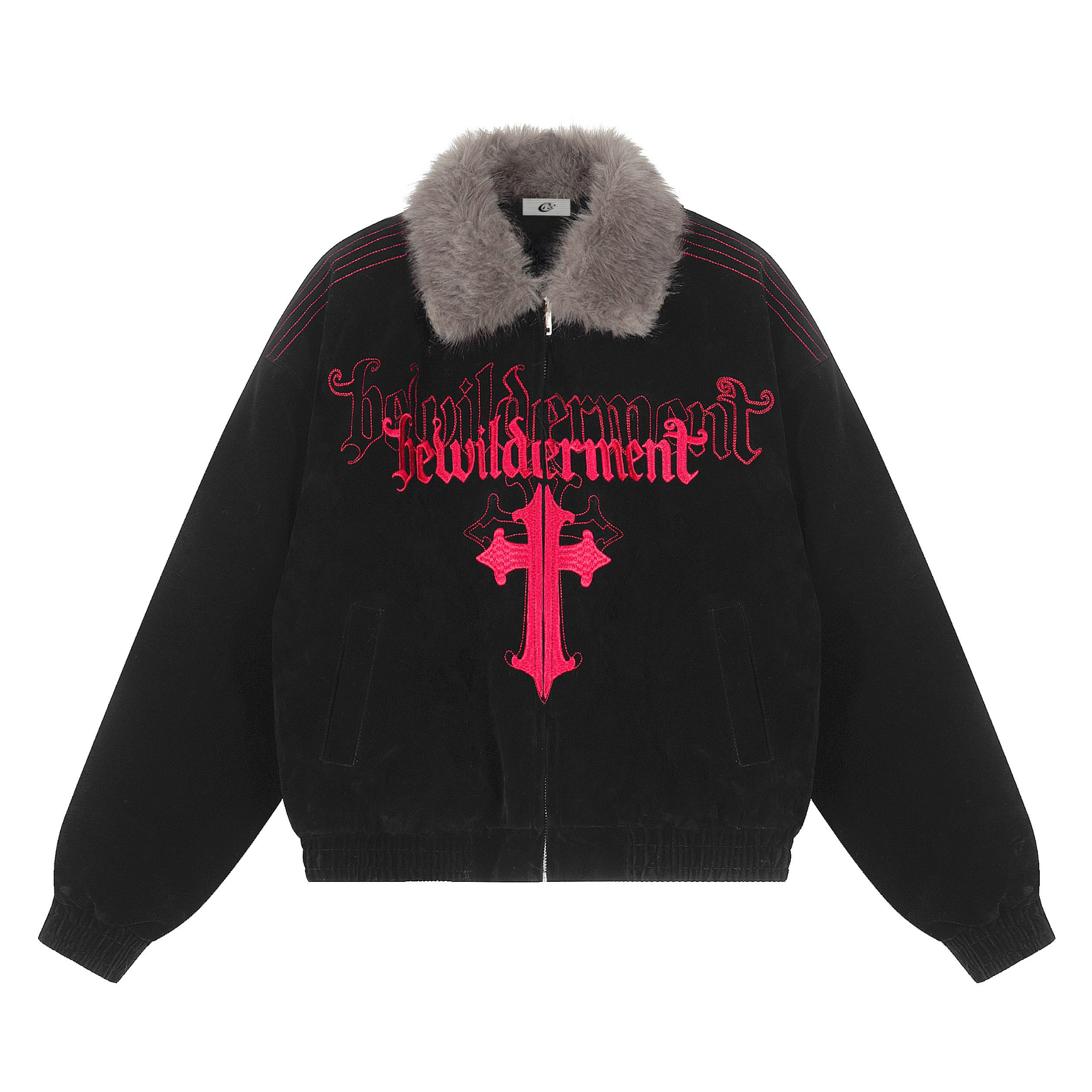 Gothic Cross Embroidered Faux Fur Collar Bomber Jacket