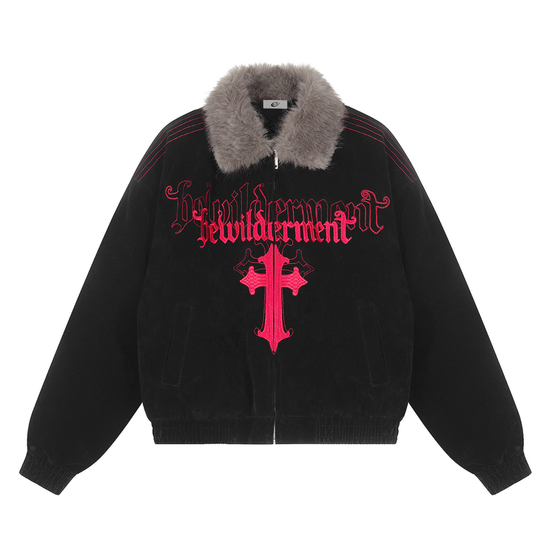 Gothic Cross Embroidered Faux Fur Collar Bomber Jacket