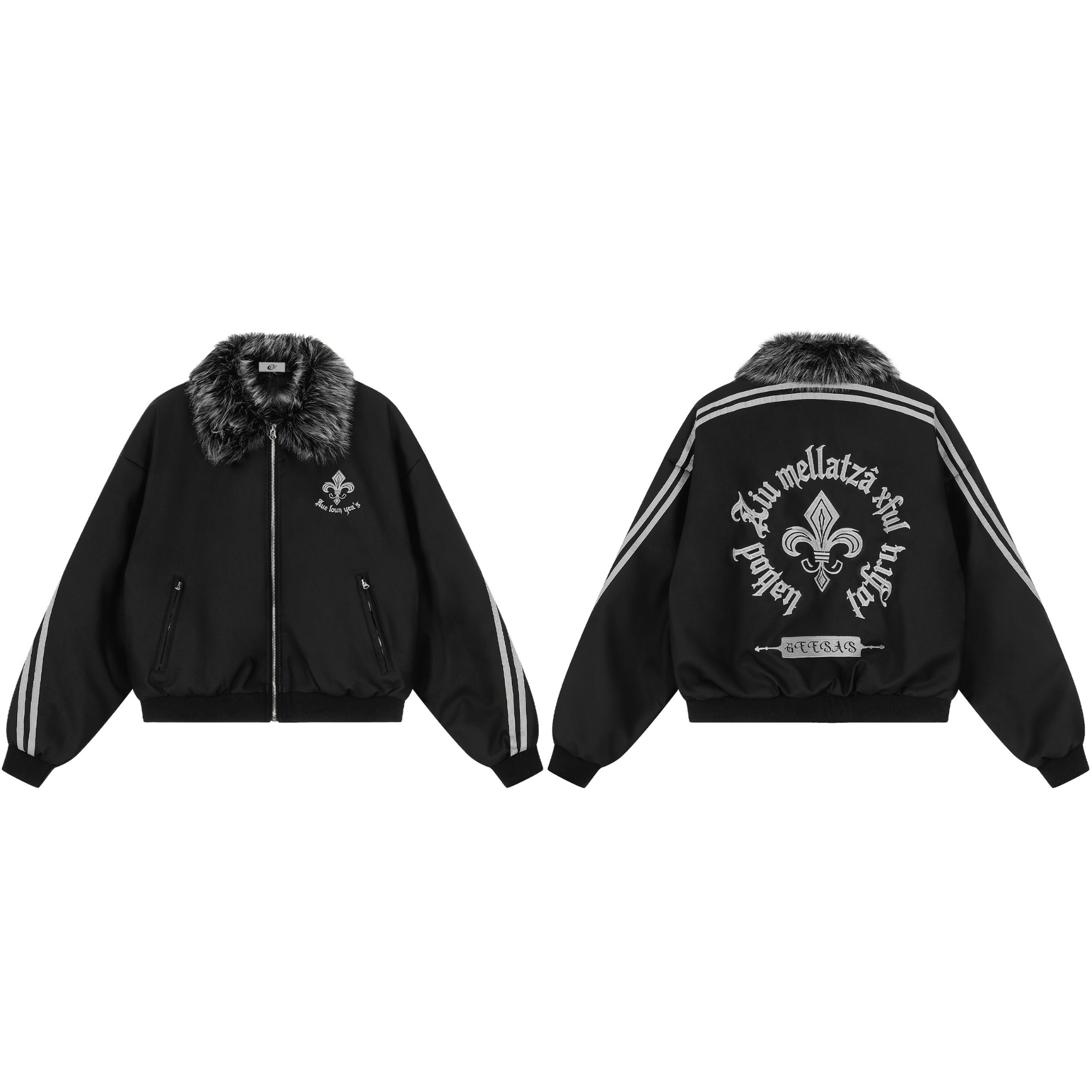 Black bomber jacket with grey faux fur collar, fleur-de-lis embroidery, striped sleeves, front and back view