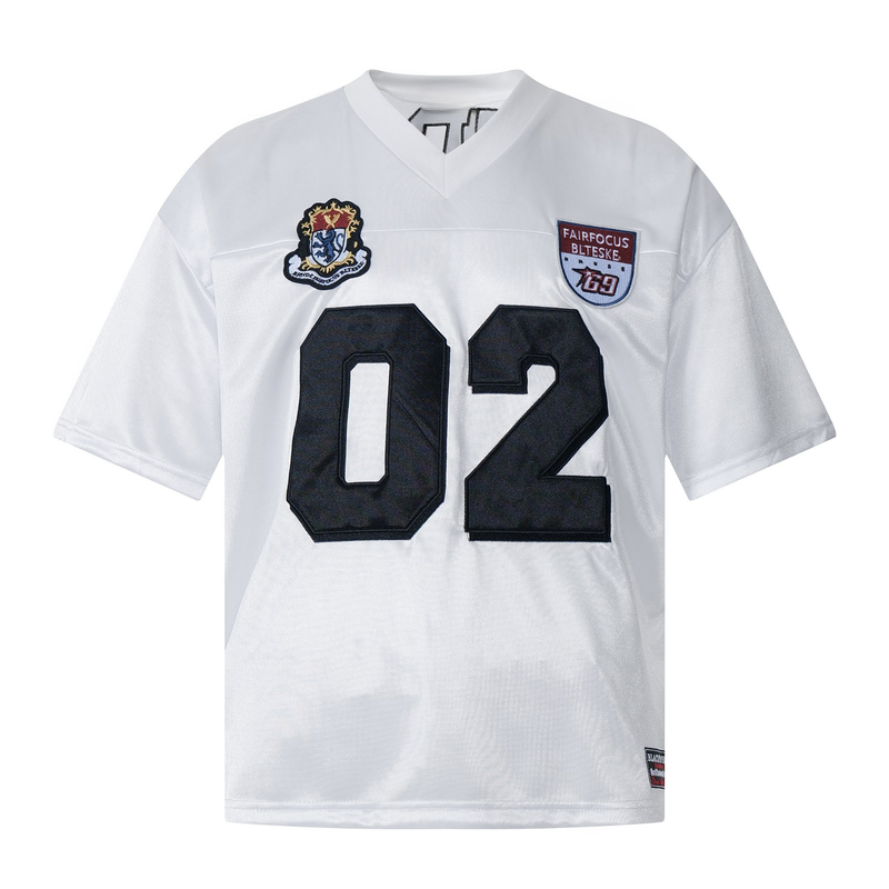 White varsity patch mesh football jersey with black number 02 and embroidered crest patches on the chest
