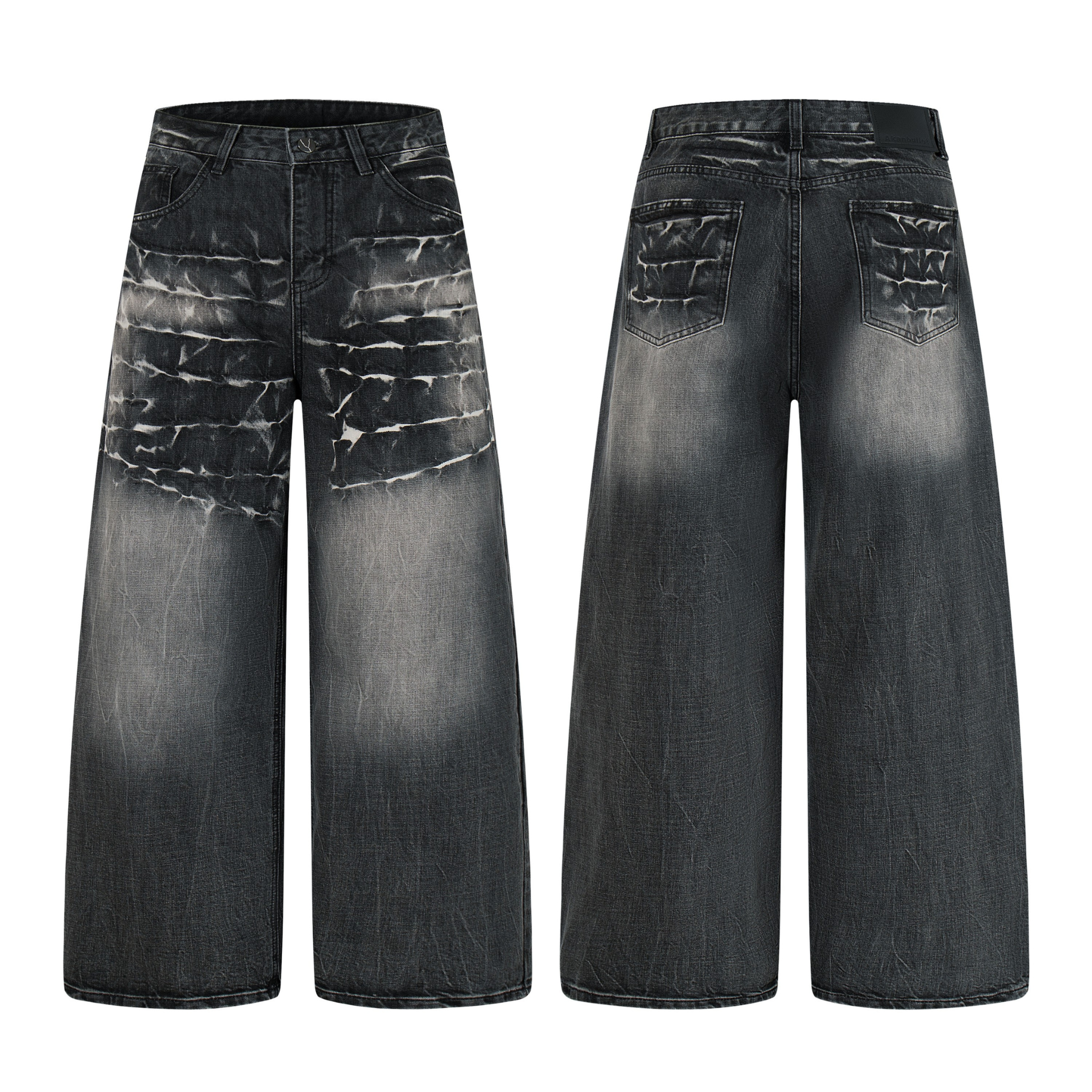 Front view of black wide-leg jeans with cracked-wash bleach pattern across the thighs and a heavy vintage fade