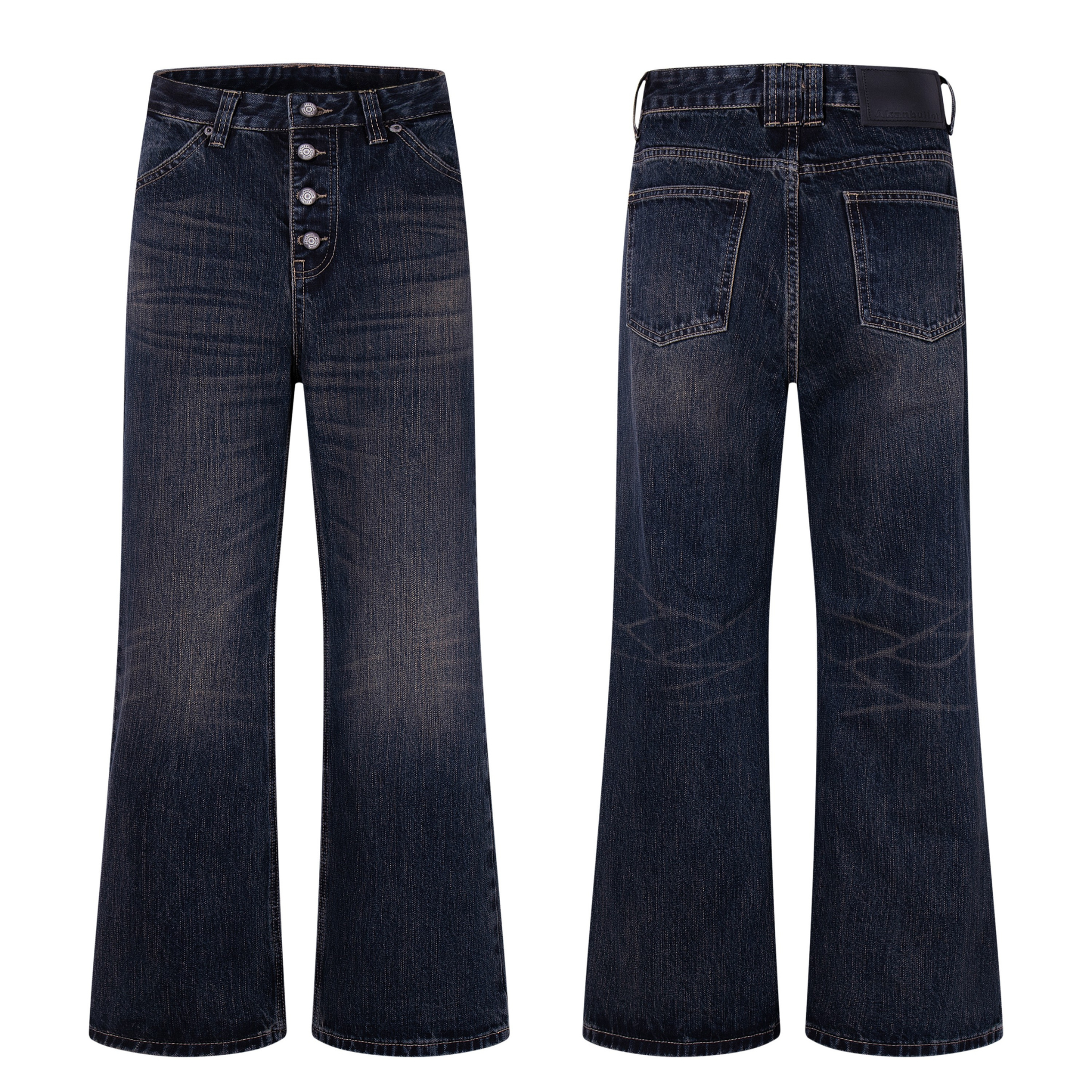 Front and back view of dark-wash wide-leg jeans with exposed multi-button fly and reinforced stitching