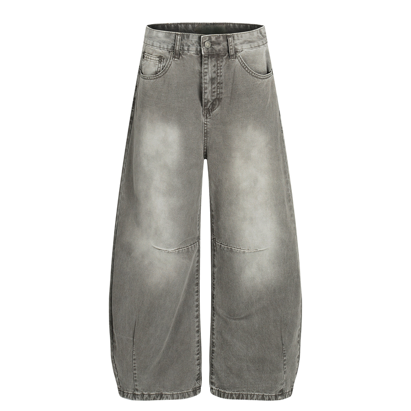 Front view of vintage grey washed wide curved-leg denim jeans with five-pocket styling