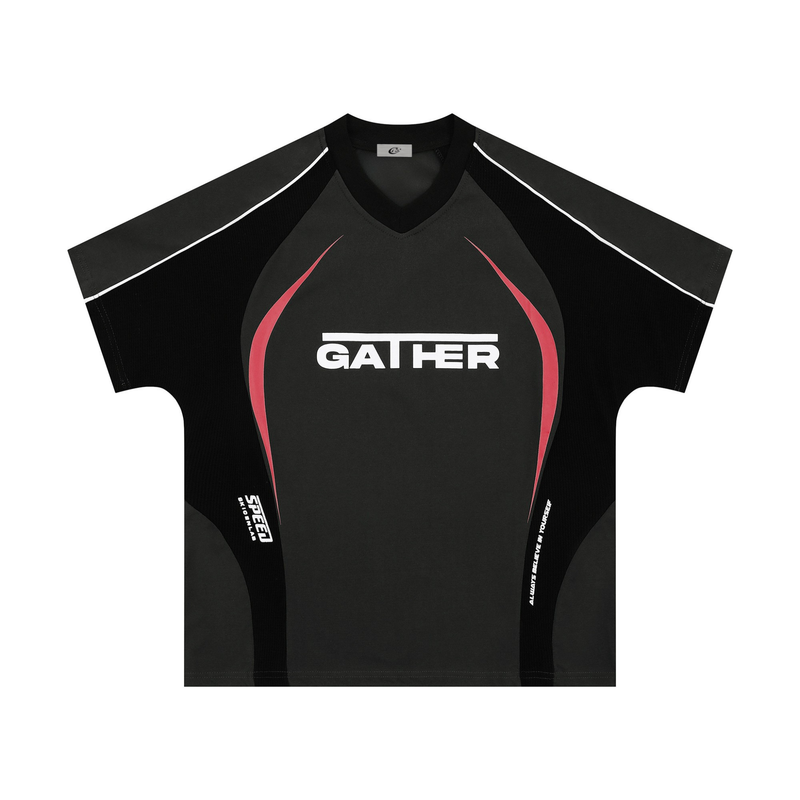 Black V-neck athletic tee with red curve panels and white Gather logo, sporty short-sleeve streetwear style