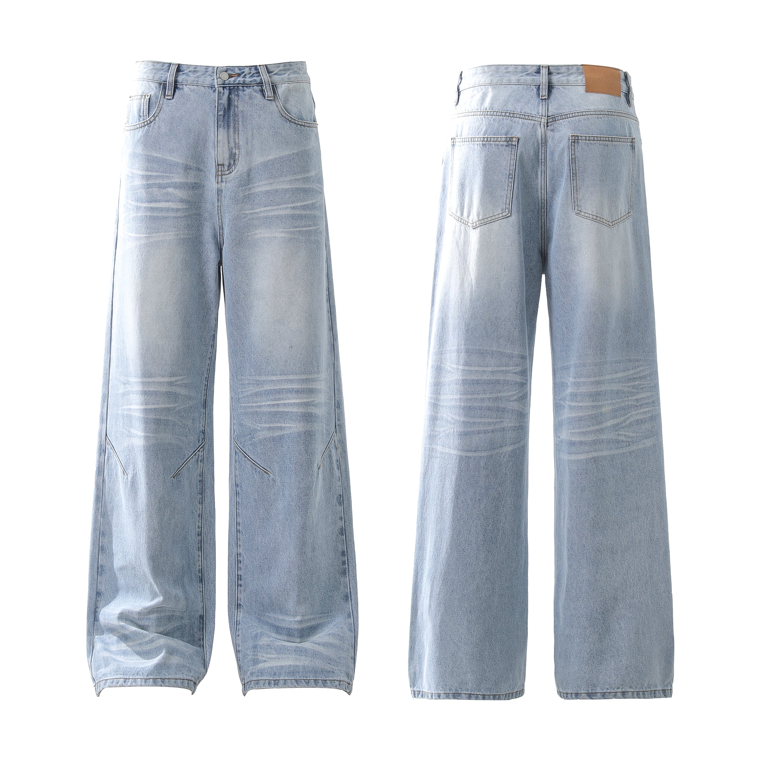 Front and back view of light wash wide-leg denim jeans with vintage whisker fading and structured knee seam detailing