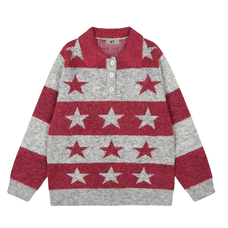 Red and gray knit polo sweater with white star pattern, front view