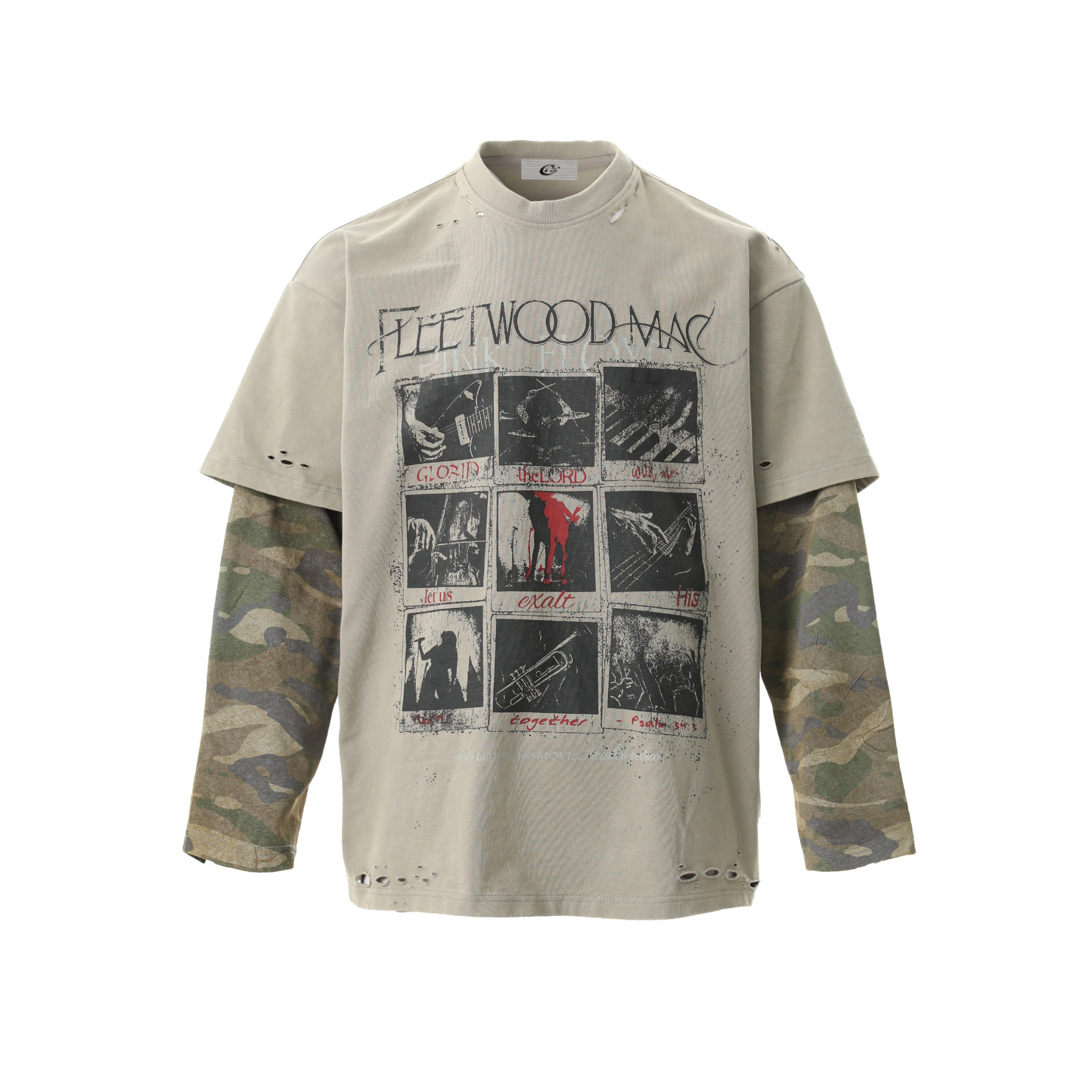 Flat lay of a distressed khaki band graphic tee with camouflage long sleeves layered underneath, featuring a Fleetwood Mac pr