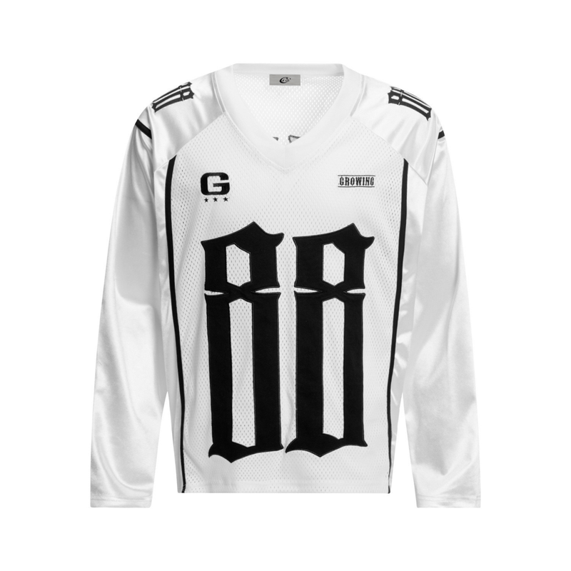 Front view of white mesh long sleeve jersey with black gothic No. 88 print