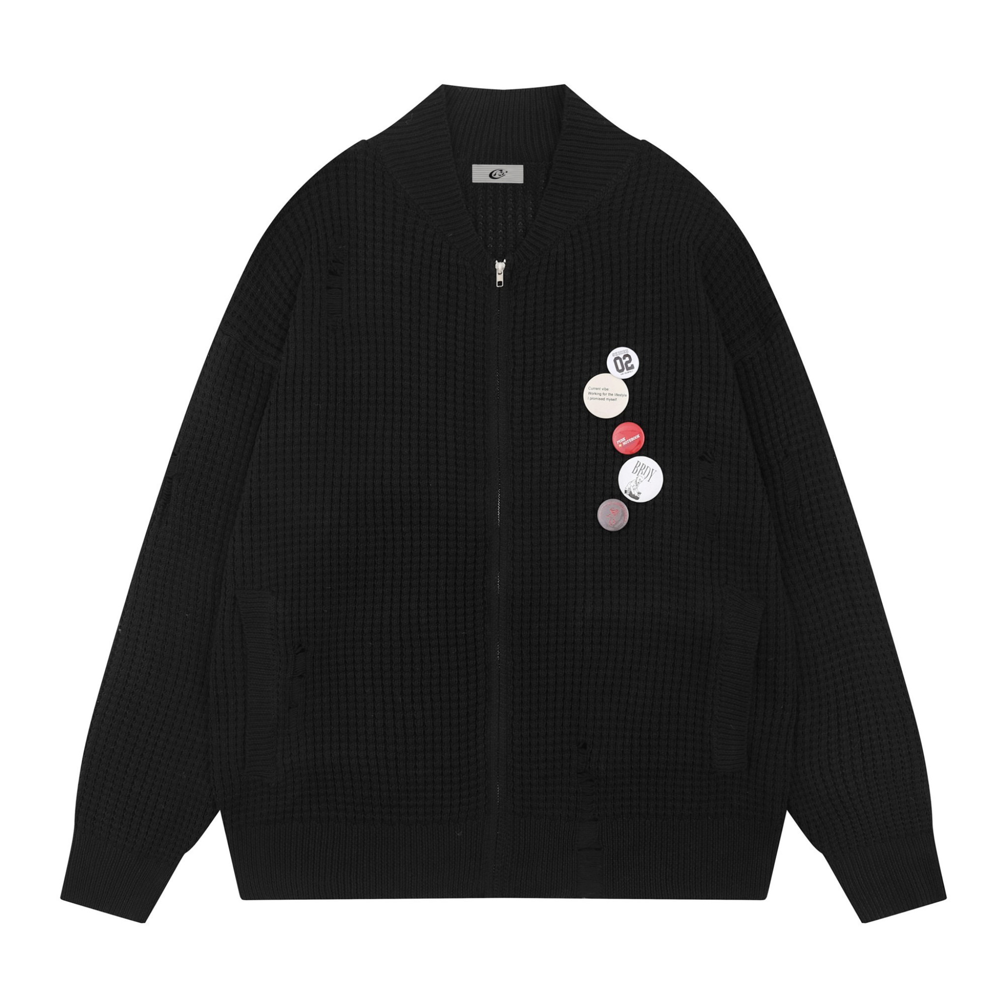 Omirad Waffle Knit Badge Zip Cardigan | Distressed Street Jacket