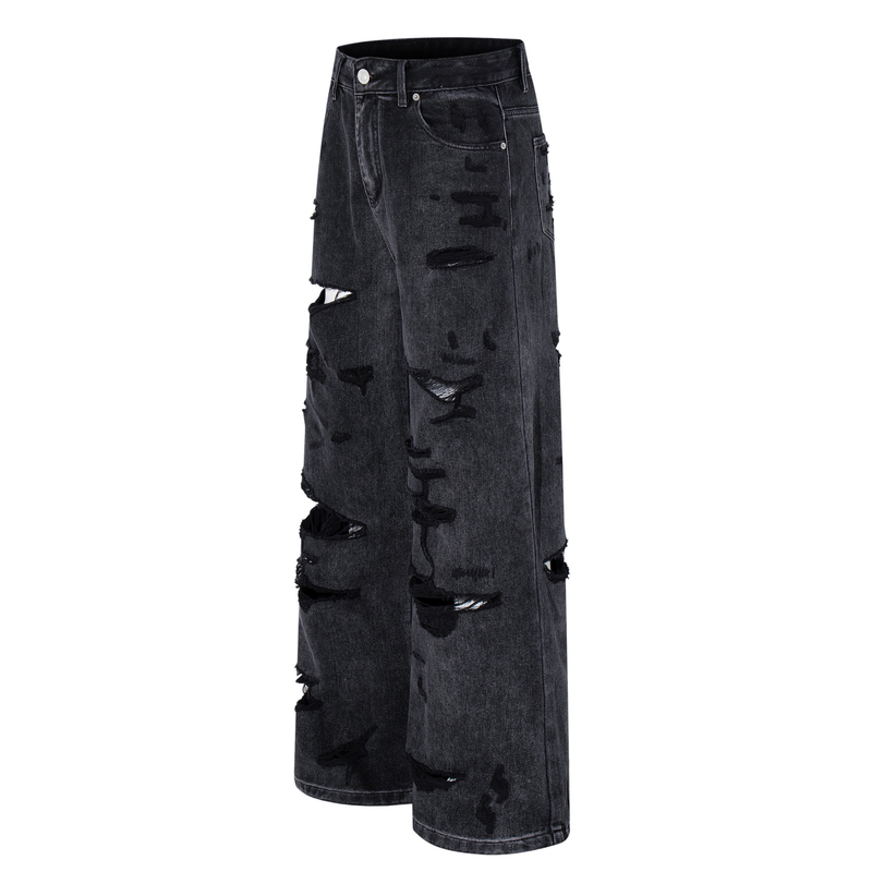 Angled front view of deep charcoal wide-leg jeans with distressed ripped details