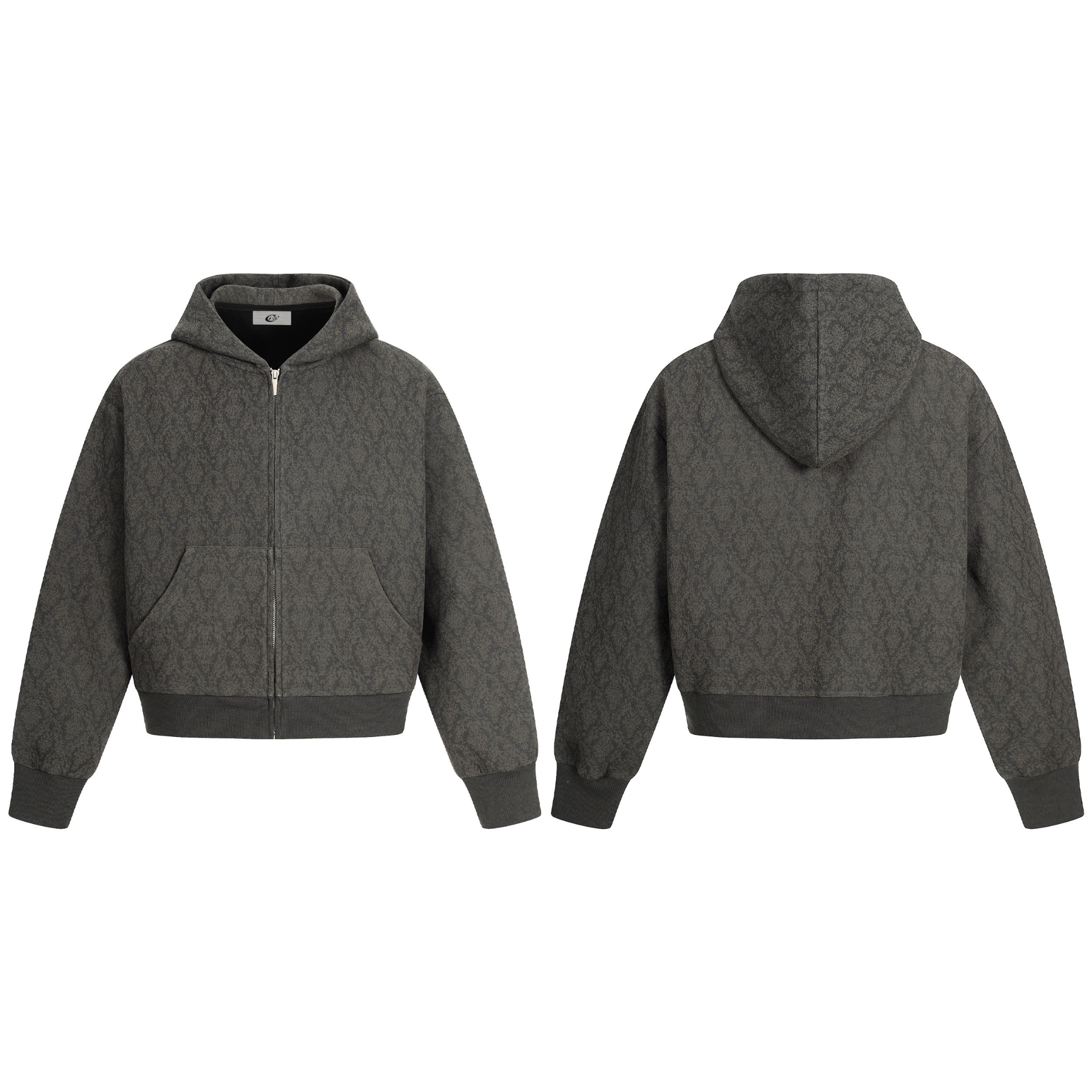 Front and back view of the Omirad charcoal grey all-over patterned zip-up hoodie with ribbed cuffs and kangaroo pocket