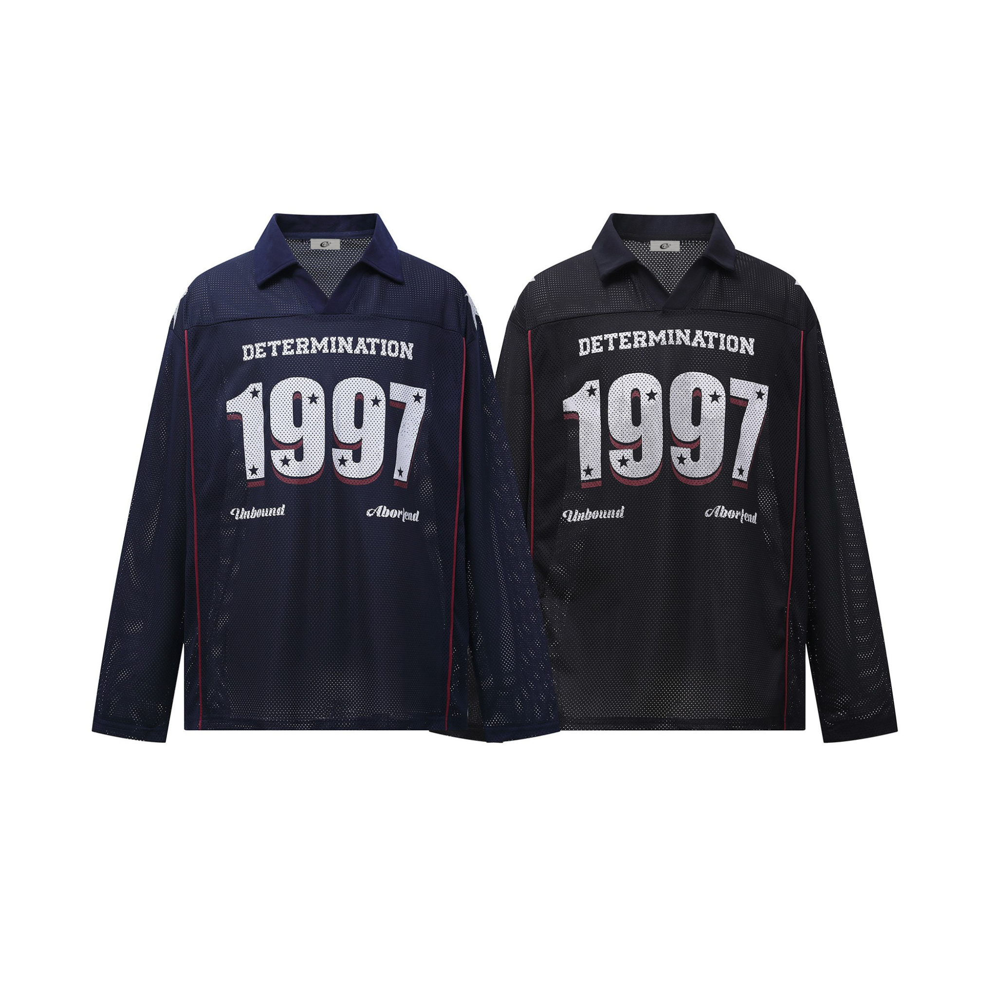Omirad 1997 Determination mesh long-sleeve shirts in navy and black with varsity graphic and contrast red piping