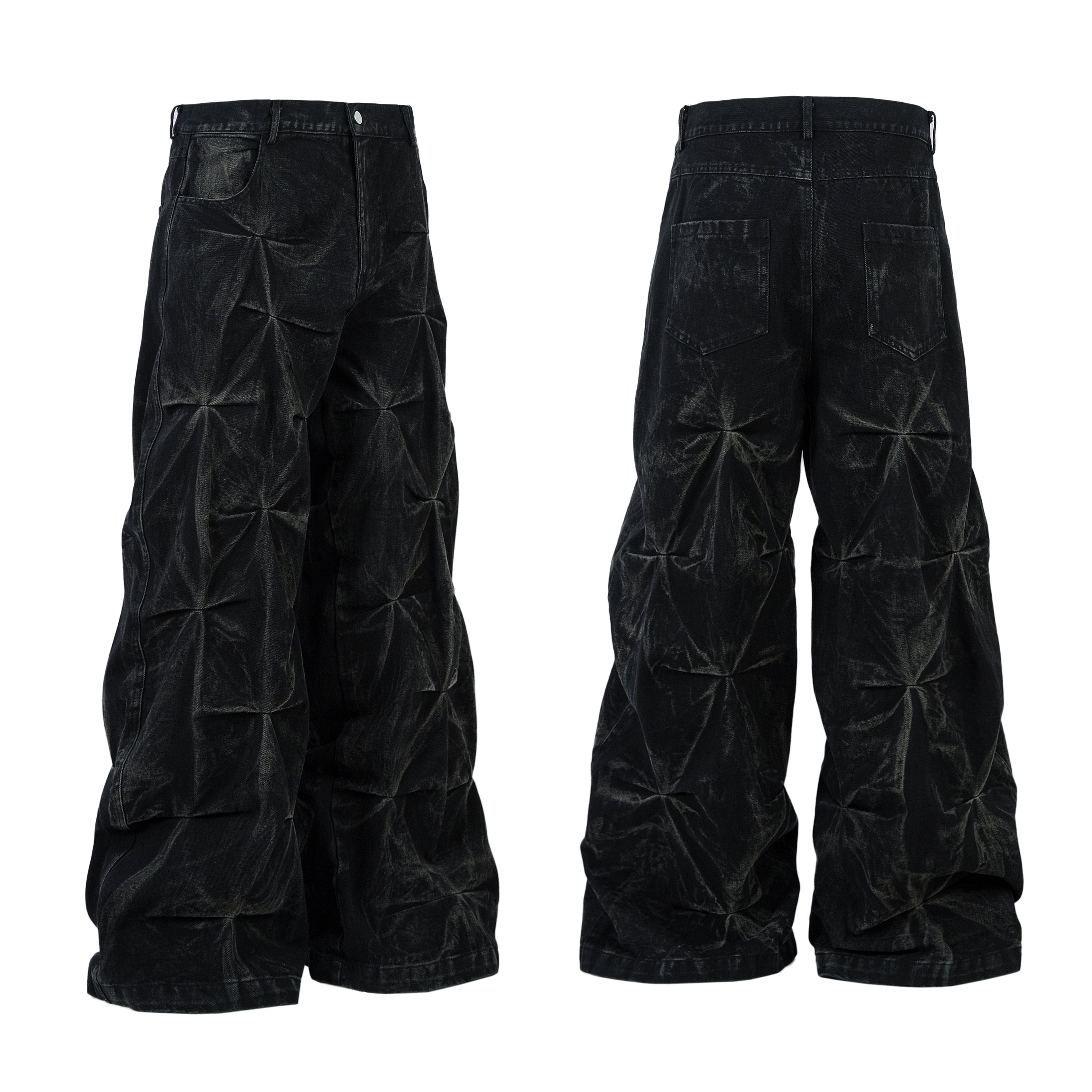 Front and back view of black wide-leg jeans with 3D star-fold pleated texture panels on white background