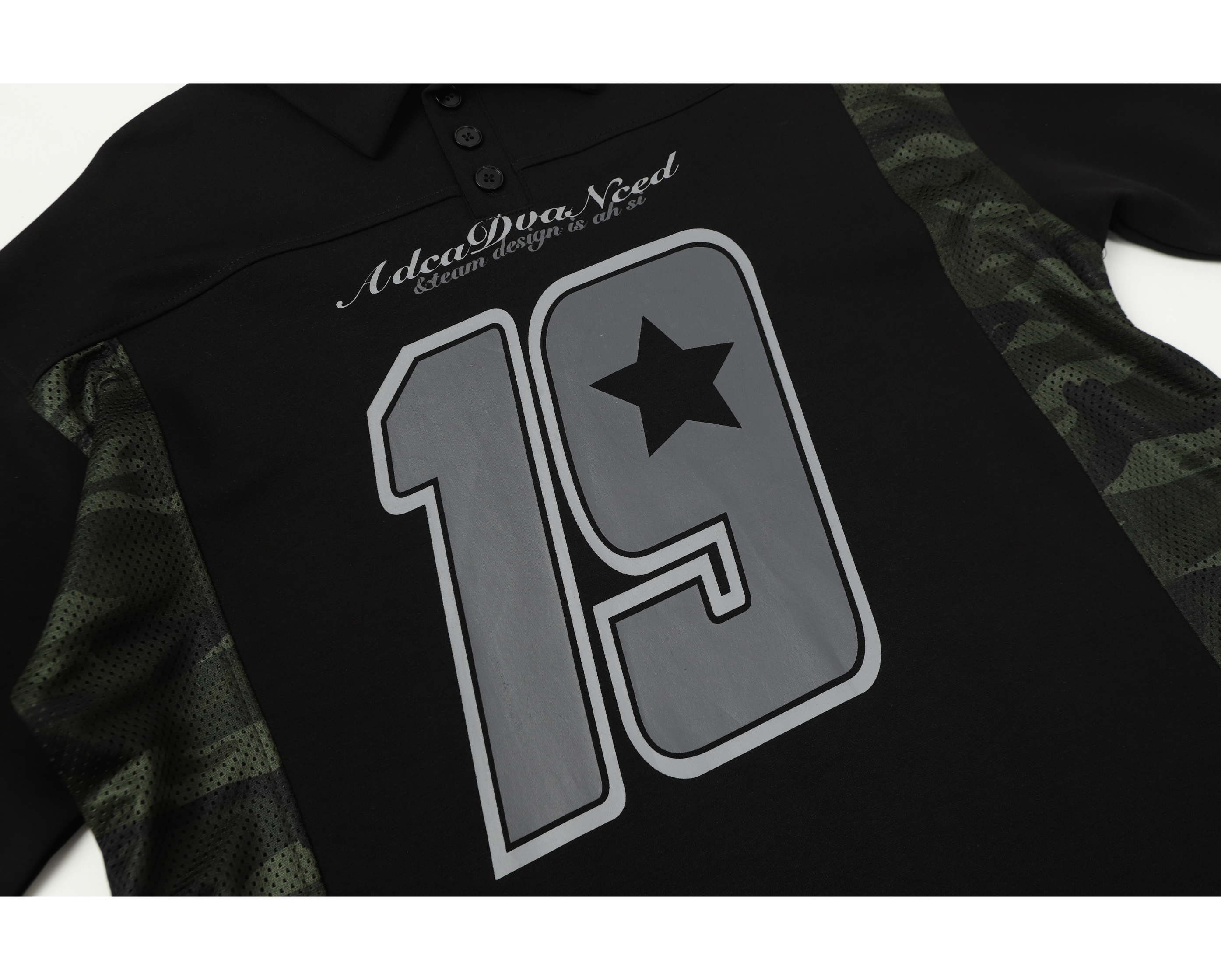Men's Varsity Graphic Polo Long Sleeve Shirt with Camo Panels