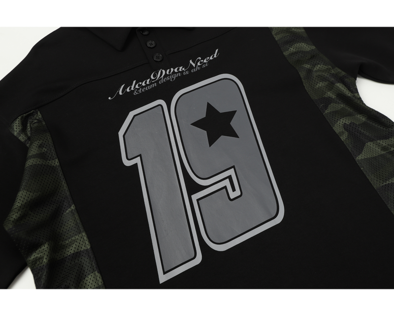 Black long sleeve polo shirt front with large gray number 19 graphic