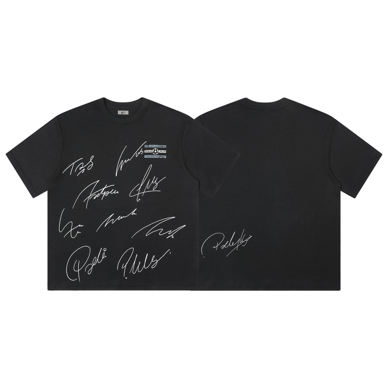 Black graphic tee with white signature-style prints on front and back, streetwear-inspired minimal luxury design