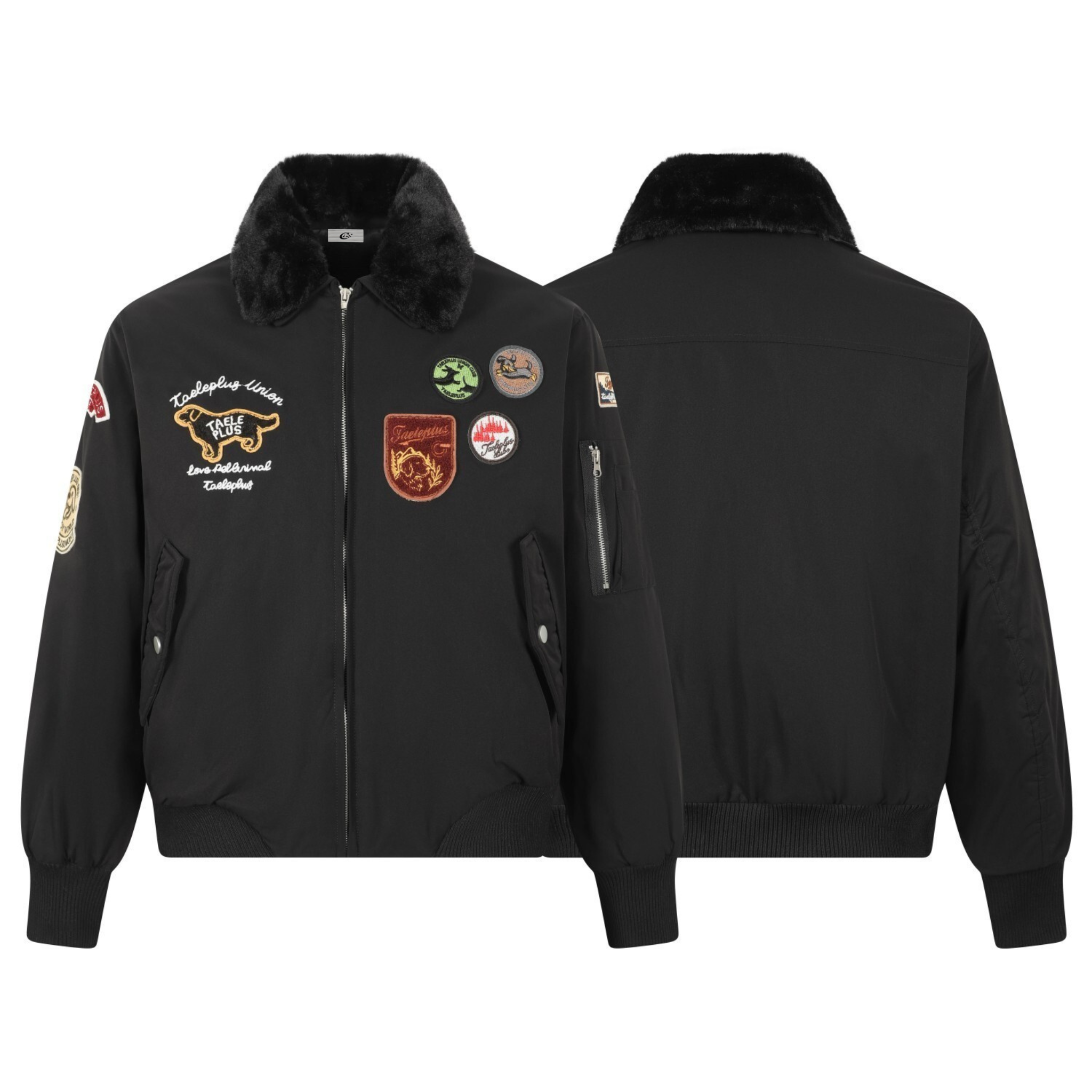 Taele Plus Aviation Patch Bomber Jacket with Fur Collar
