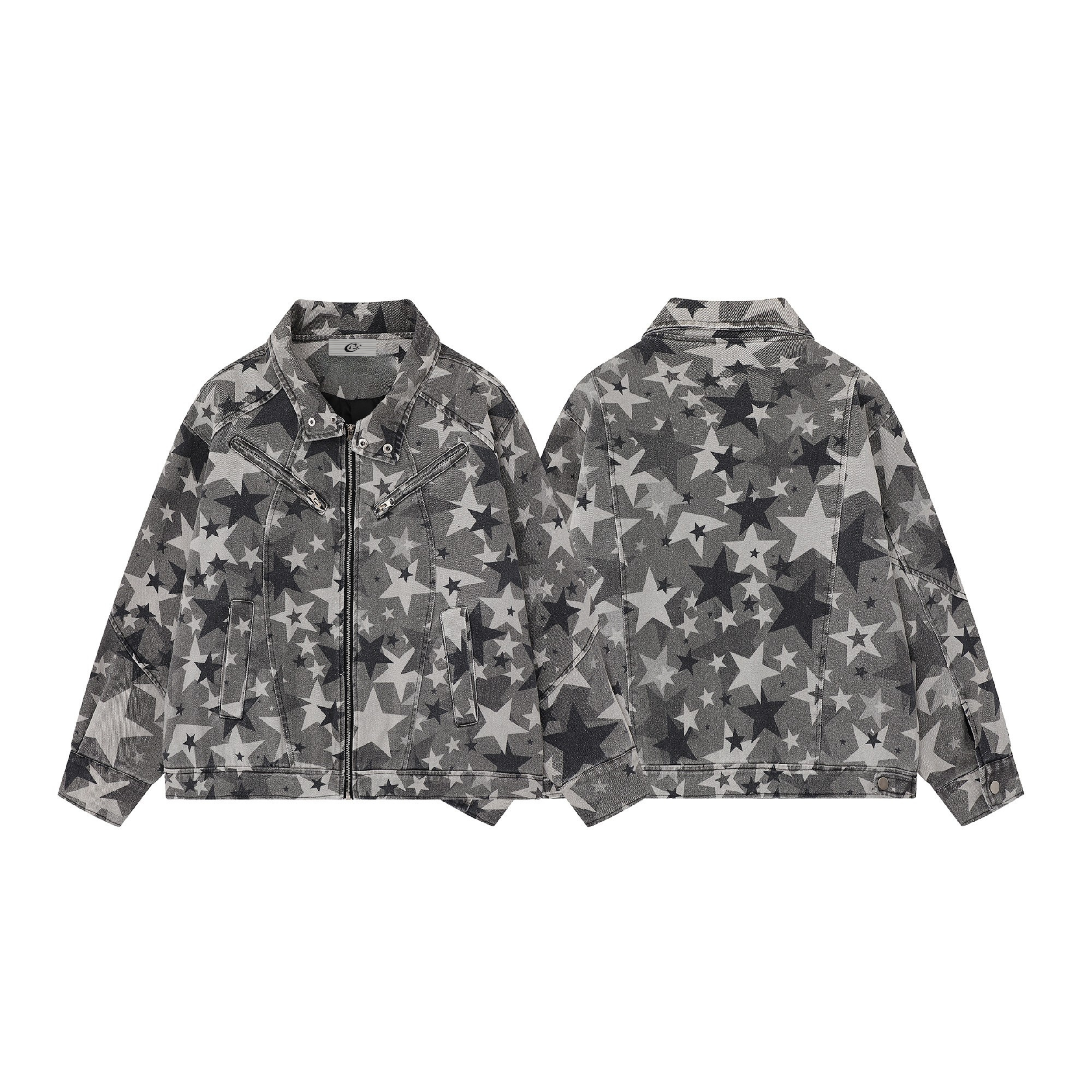 Front and back view of a grey washed denim jacket covered in an all-over black and grey star print pattern