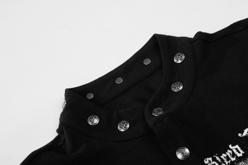 Close-up of black Henley collar and snap buttons with circular metal details