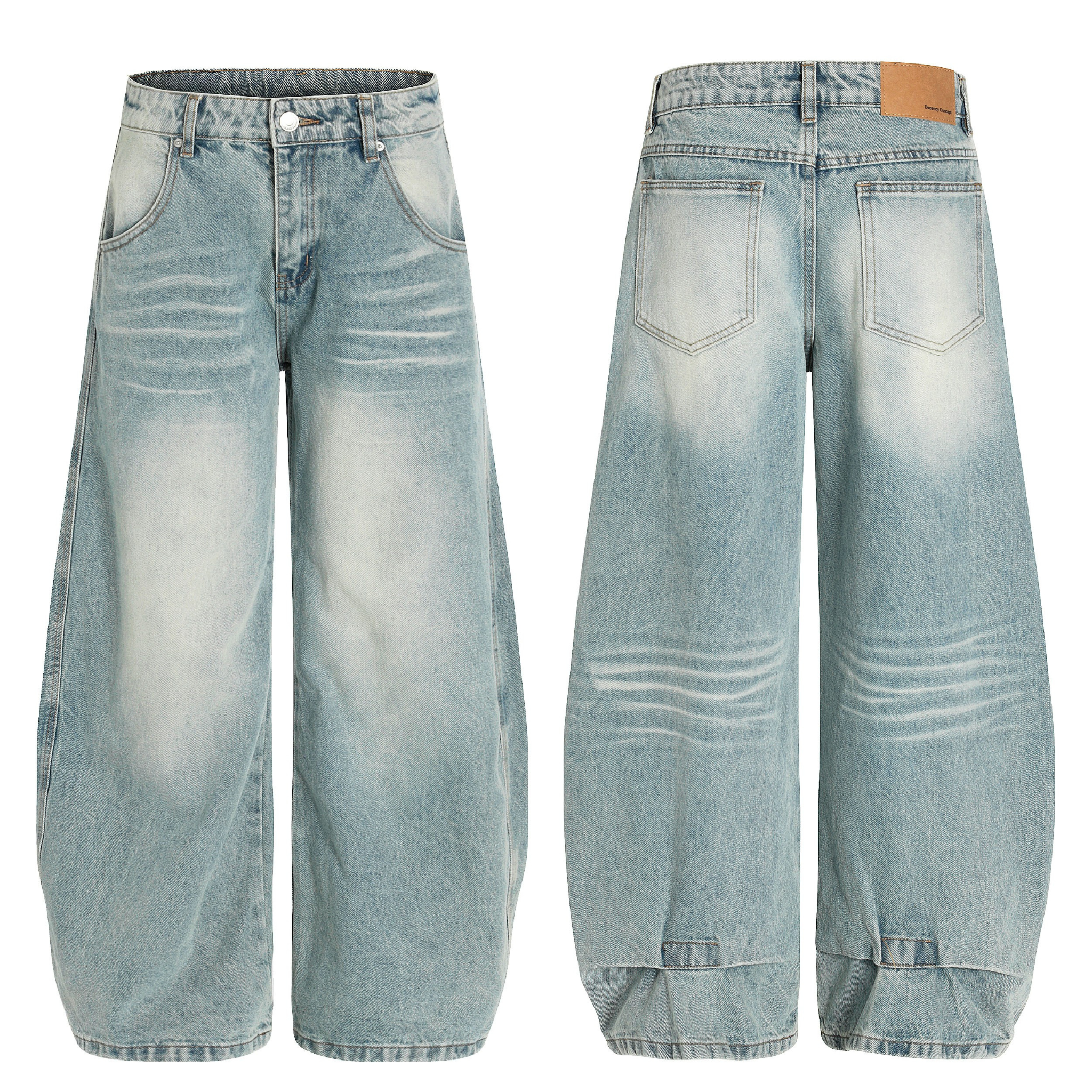 Front and back view of light-wash barrel-leg jeans with wide sculpted silhouette and gathered hems