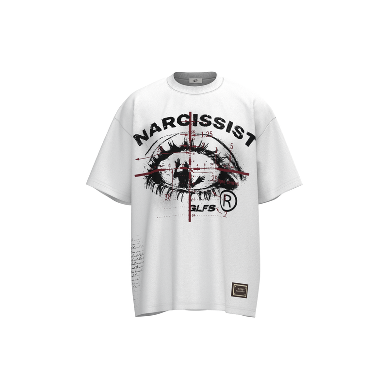 White oversized tee with bold Narcissist eye graphic, red crosshair details, and streetwear-style distressed print
