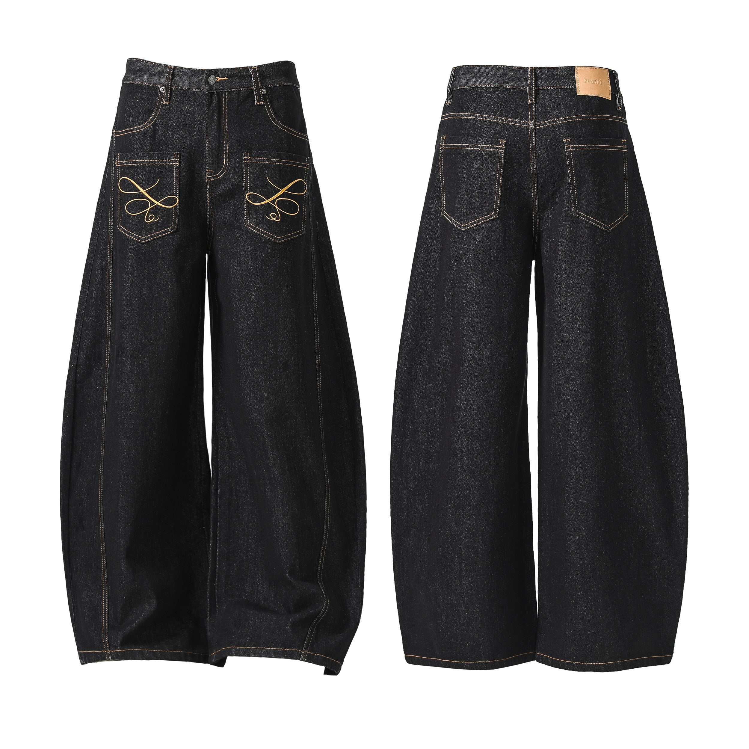 Front and back view of Omirad black wide-leg jeans with gold loop embroidery on front patch pockets and contrast topstitching