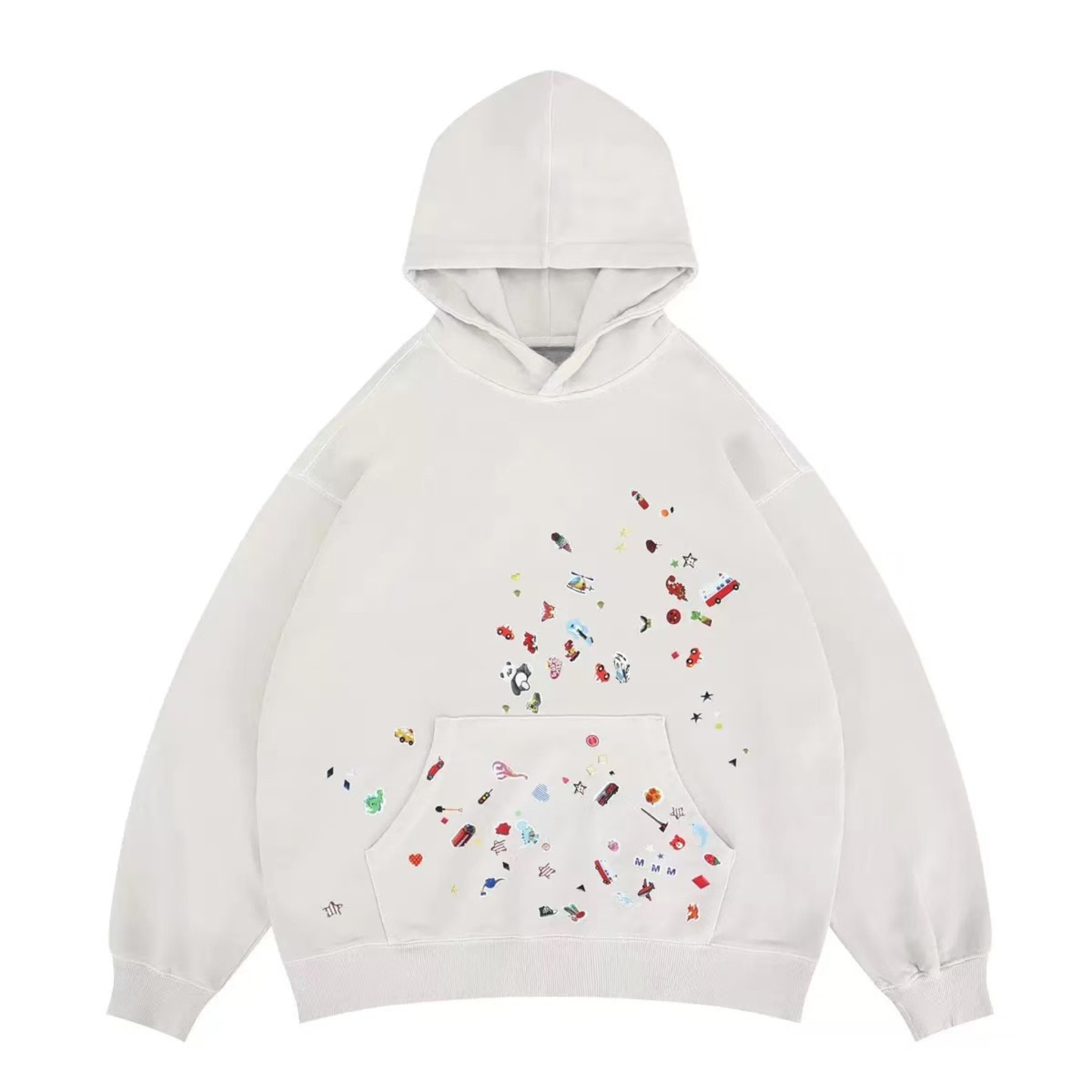 Off-white oversized vintage washed hoodie with colorful scattered sticker-style graphic print on chest and kangaroo pocket