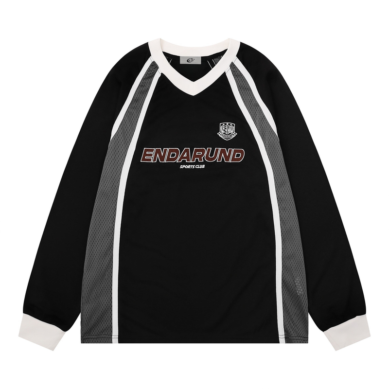 Front view of black long sleeve football top with white V-neck trim, gray mesh side panels, and ENDARUND logo
