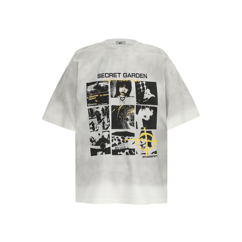 White oversized T-shirt with black and yellow Secret Garden graphic panel print on the front