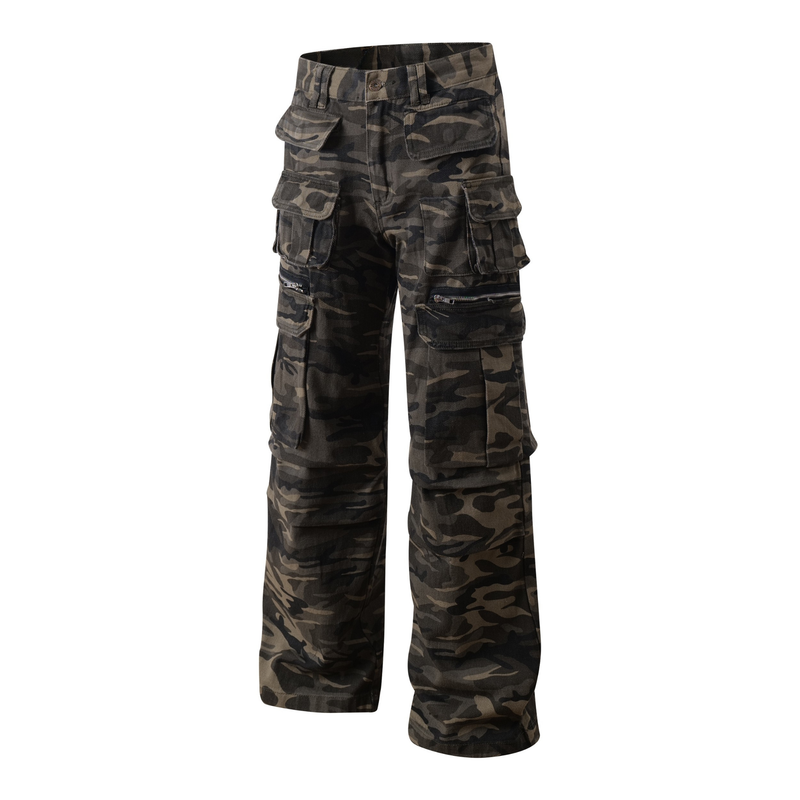 Angled front view of camo wide-leg cargo pants with multiple flap cargo pockets