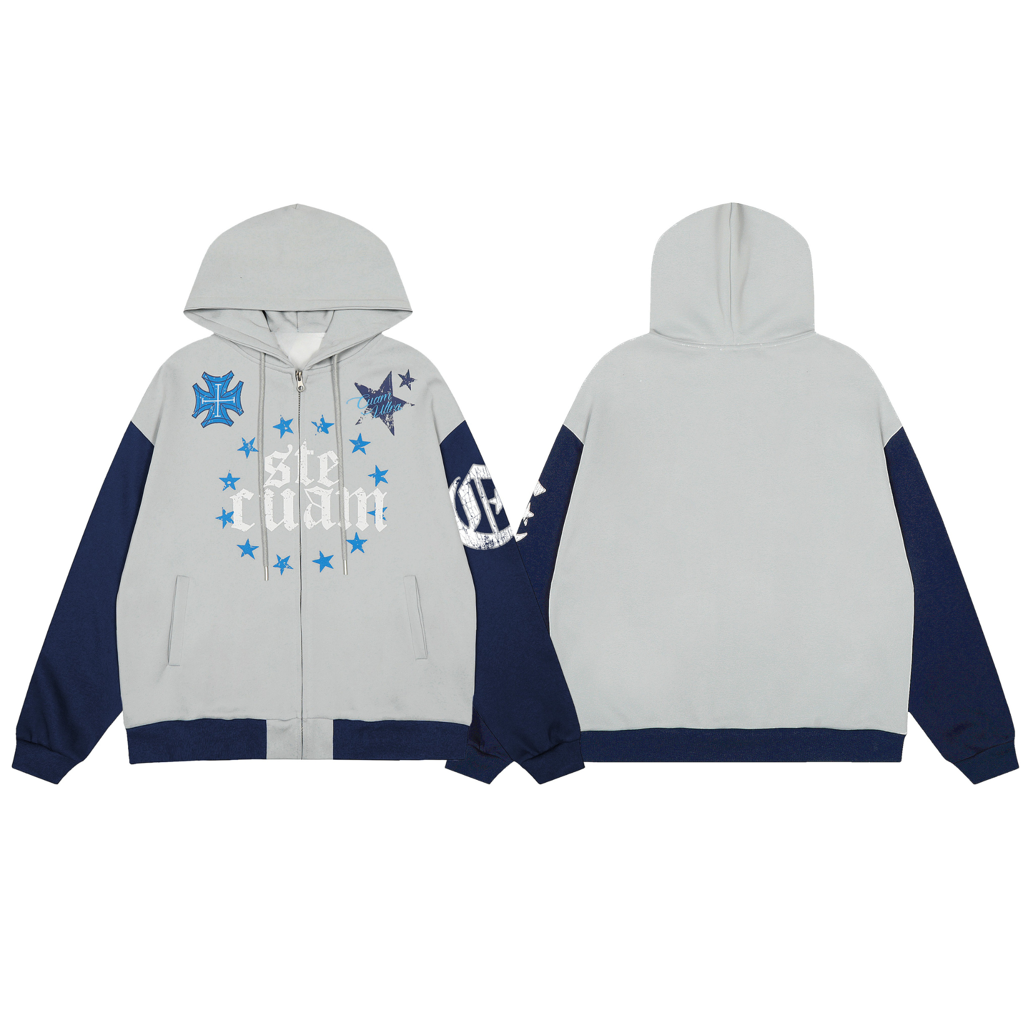 Grey and navy zip-up hoodie with blue star graphic print, iron cross emblem, gothic lettering, and contrast sleeves, front an