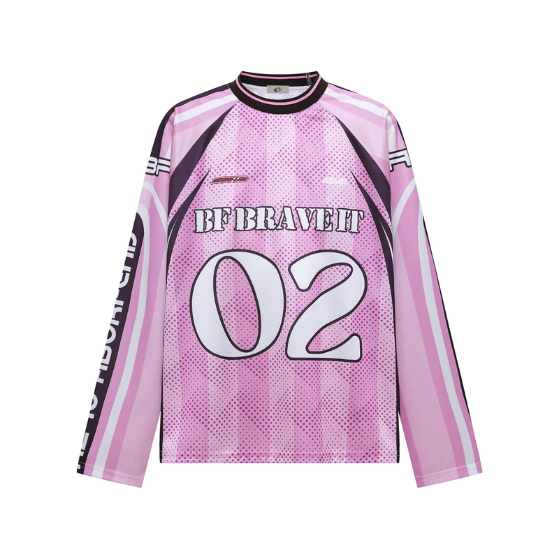 Pink striped long sleeve jersey top front view with BF BRAVETT 02 graphic