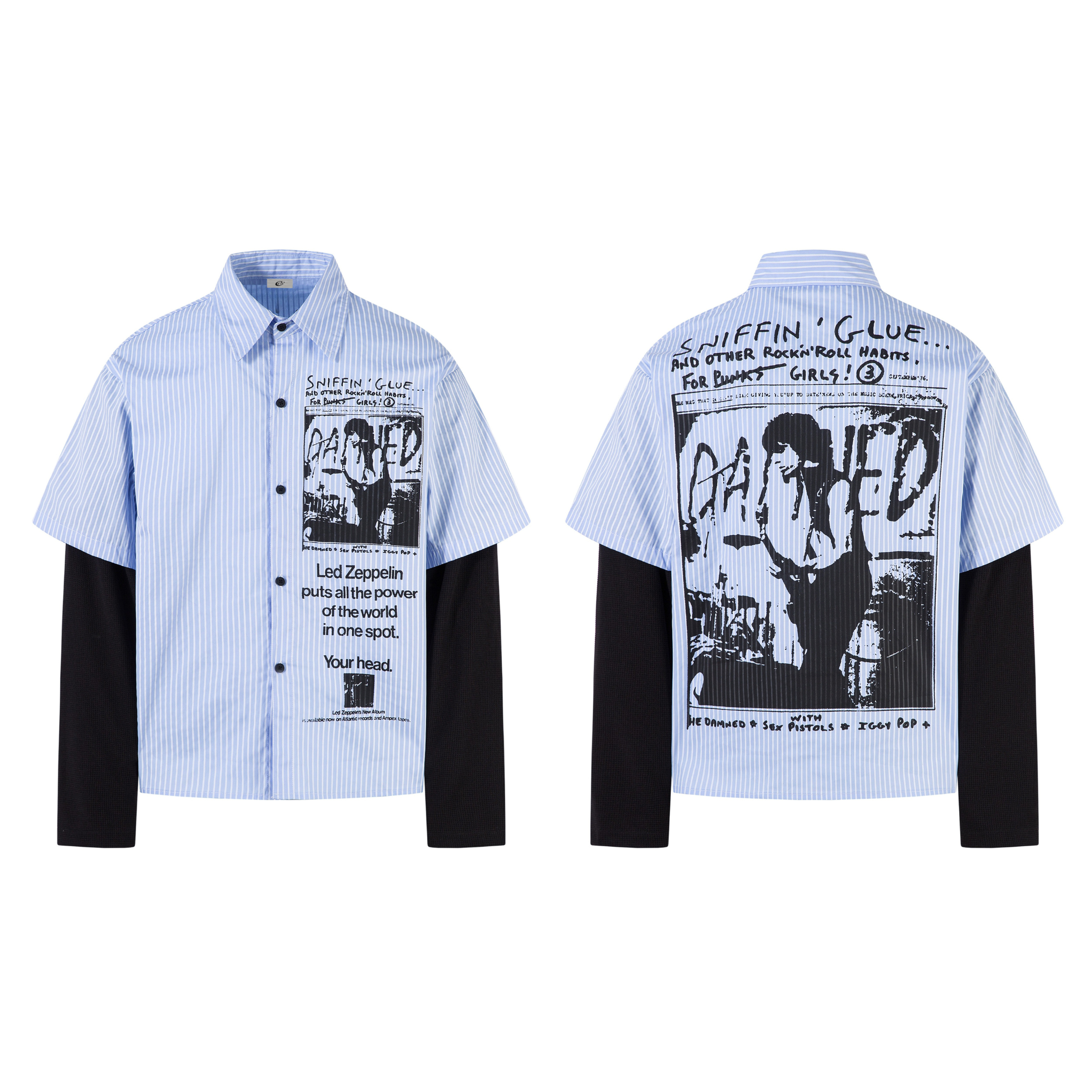 Front and back view of a blue pinstripe layered shirt with punk zine graphics and black long sleeves