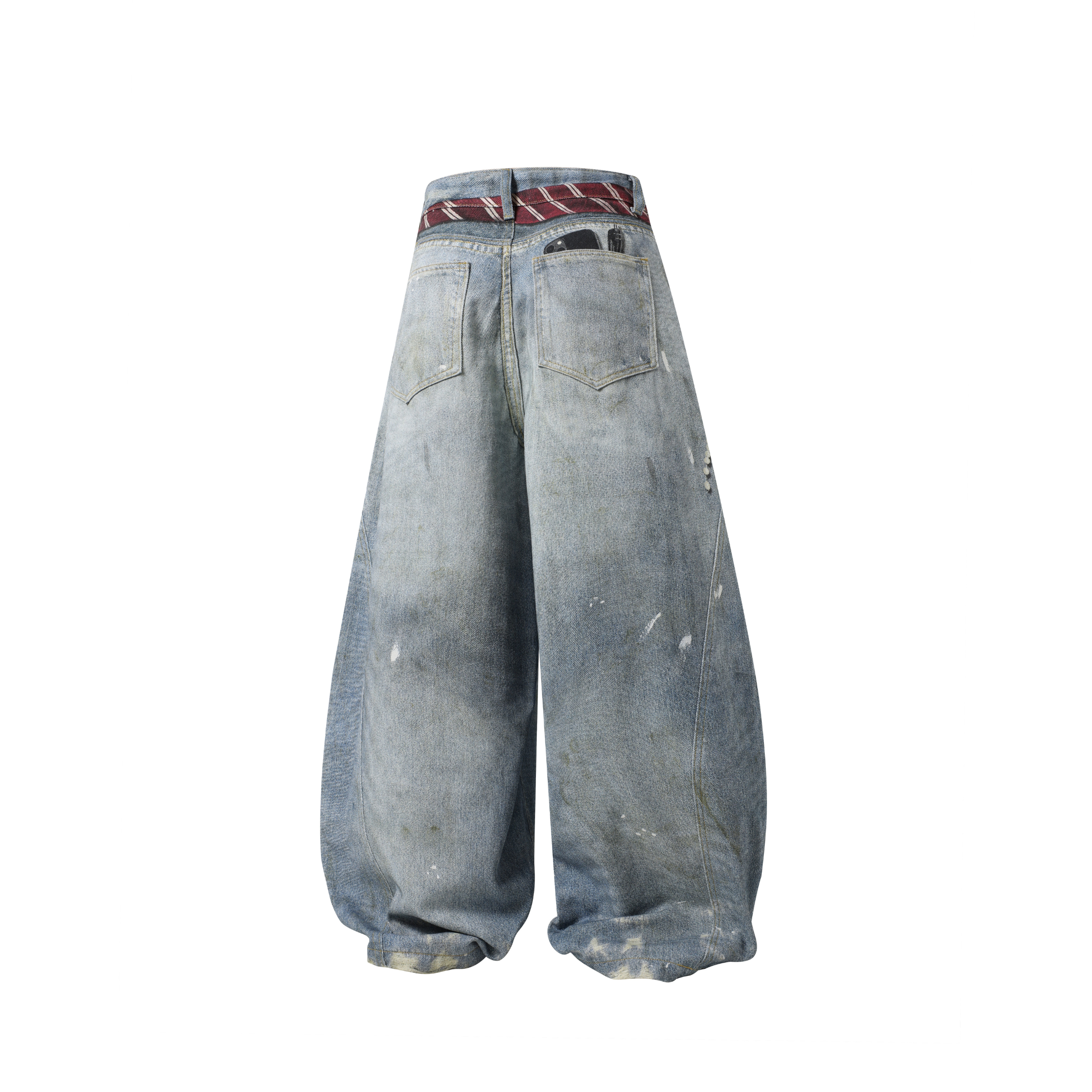 Distressed Barrel Leg Jeans with Tie Belt & Keychain Detail