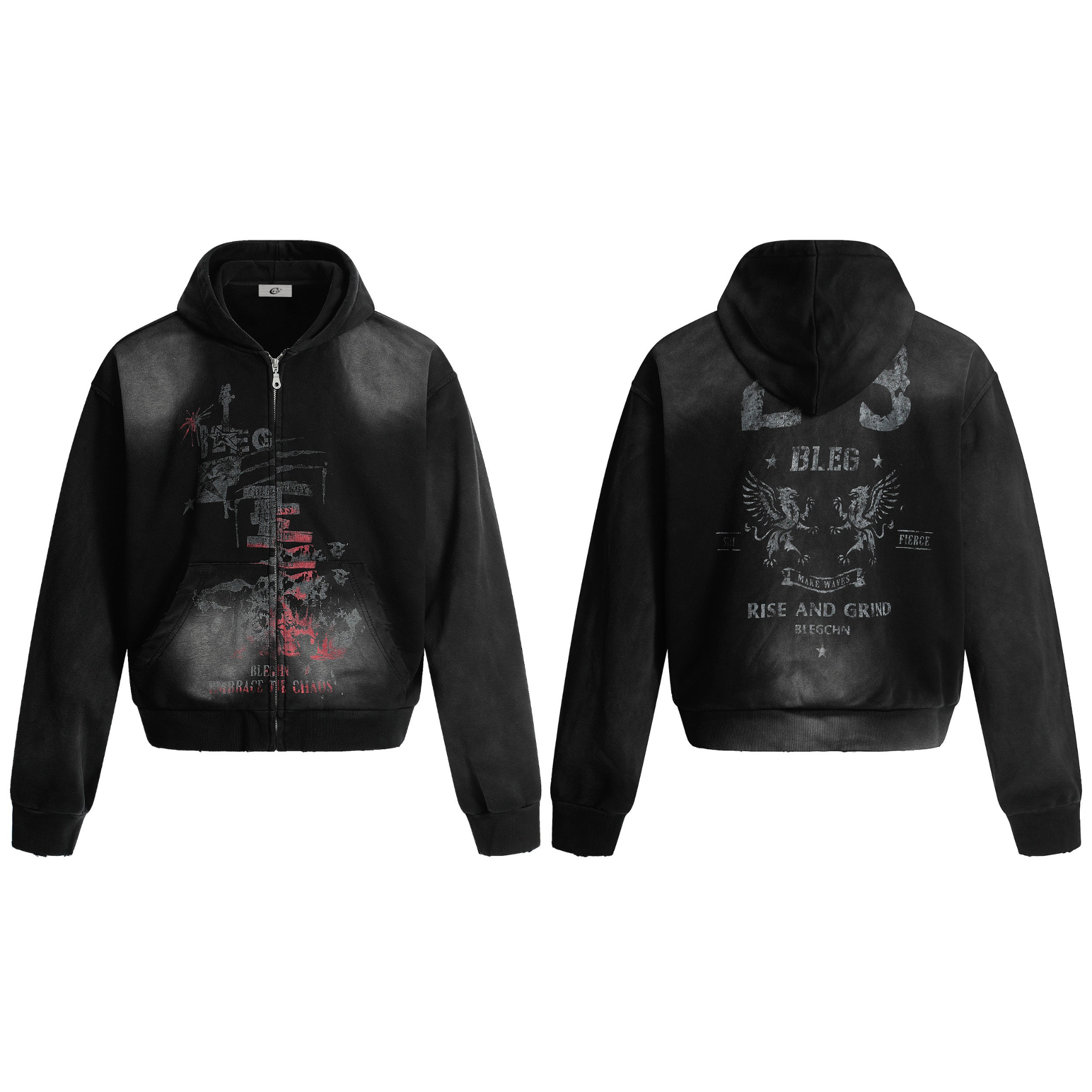 Omirad Rise and Grind washed black zip-up hoodie showing distressed gothic graphic print on front and eagle crest on back