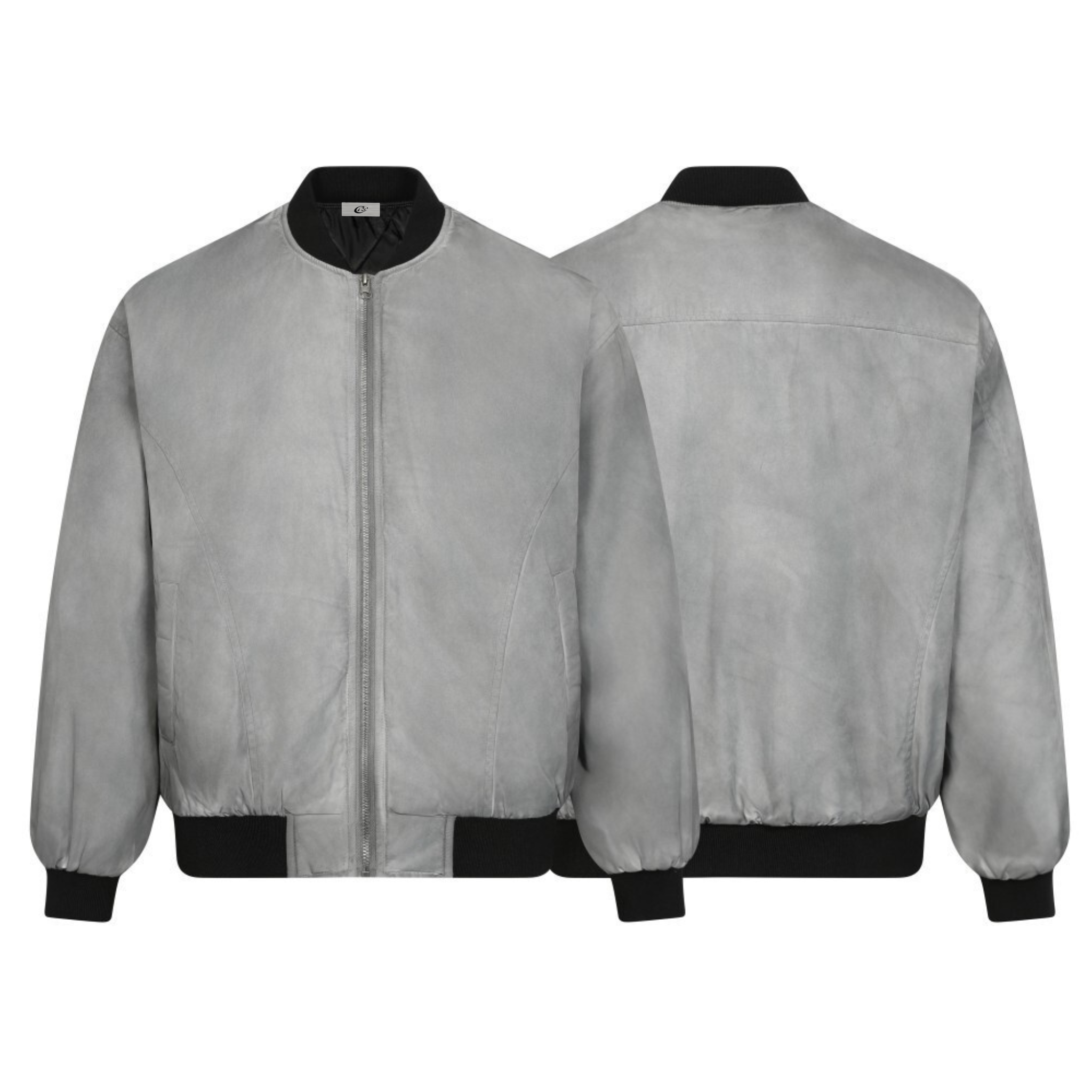 Front and back view of a grey washed polyester bomber jacket with black ribbed collar, cuffs, and hem
